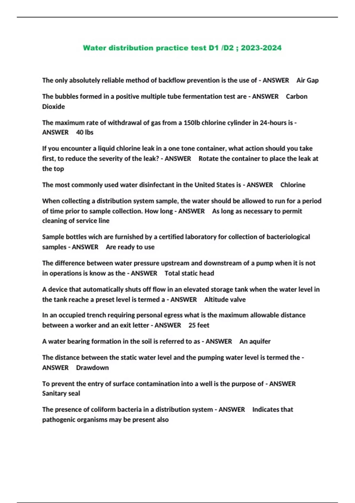 Water distribution practice test D1 /D2 ; Water distribution practice