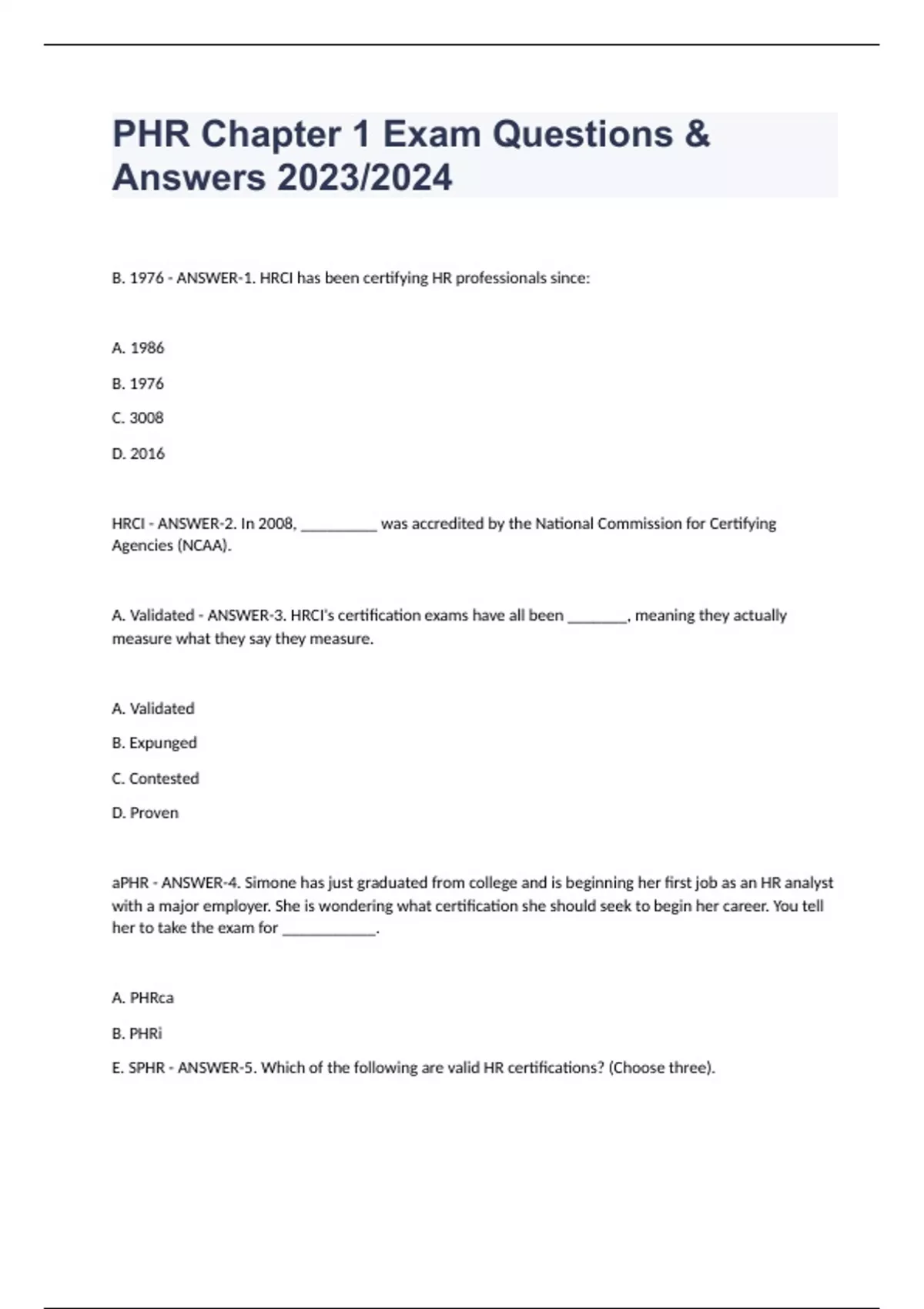 Phr Example Questions PHR Chapter 1 Exam Questions & Answers 2023/2024 - PHR Chapter 1 ...