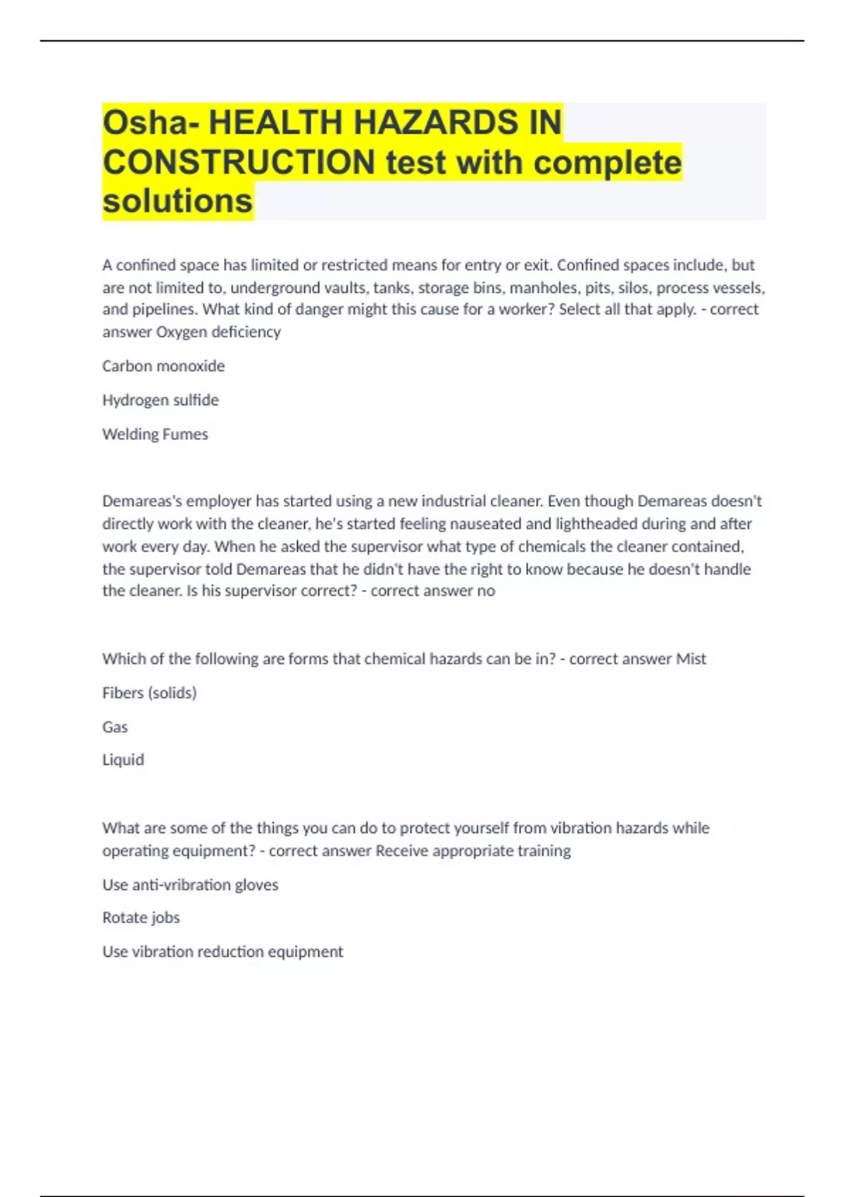 Osha HEALTH HAZARDS IN CONSTRUCTION test with complete solutions OSHA HEALTH HAZARDS Stuvia US