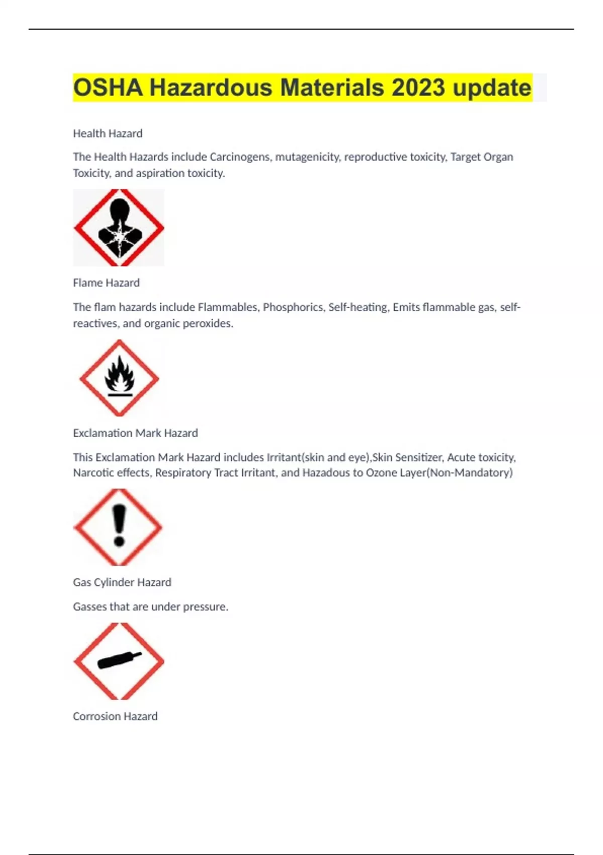 OSHA Hazardous Materials 2023 update OSHA HEALTH HAZARDS Stuvia US