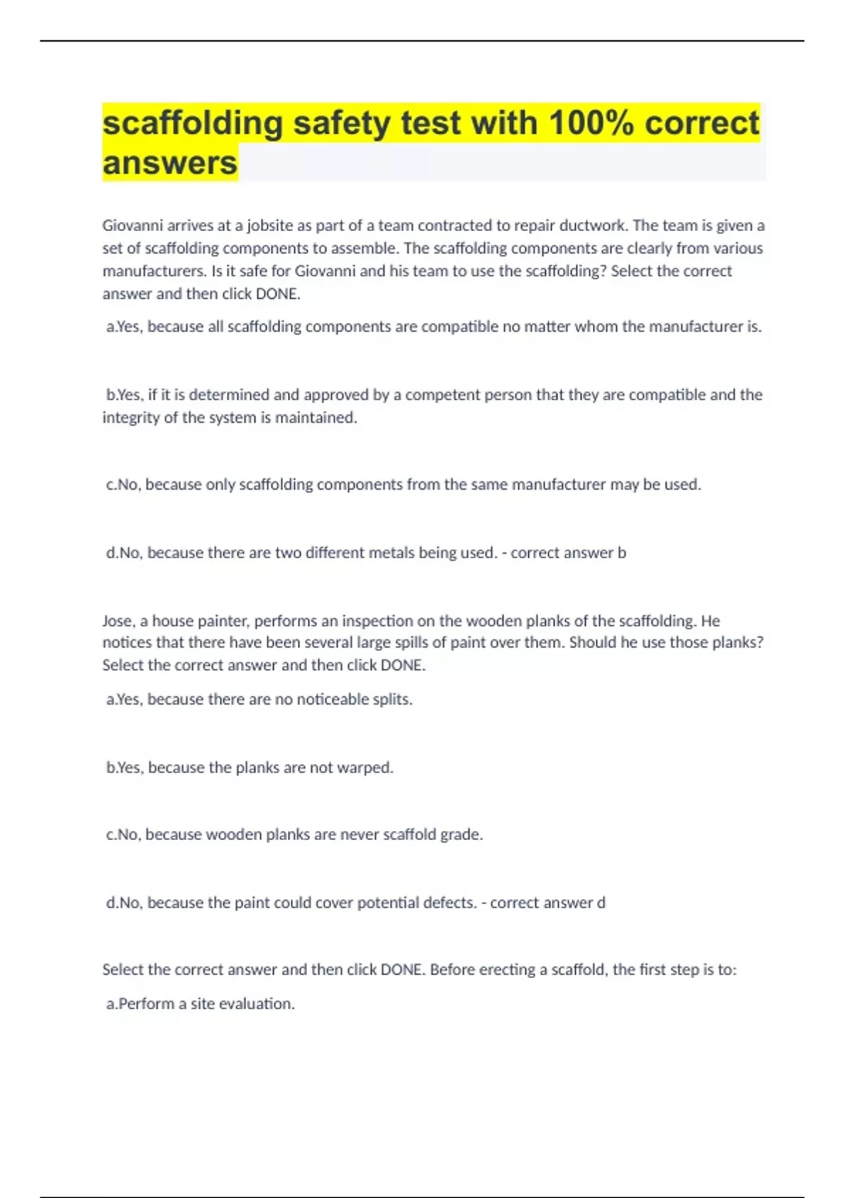 scaffolding safety test with 100 correct answers OSHA CRANE SAFETY