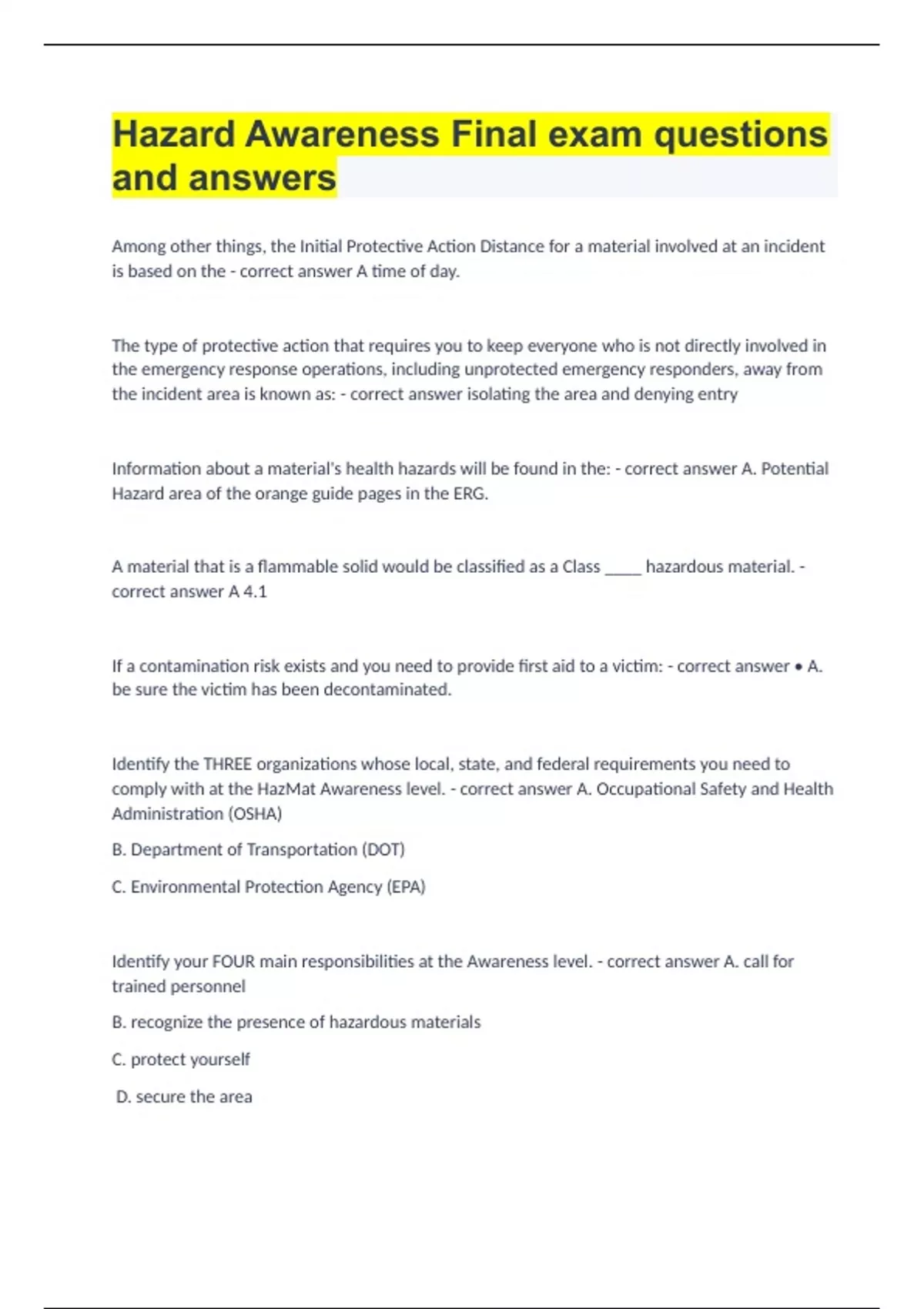Hazard Awareness Problem Hazard Awareness Final exam questions and answers - OSHA HAZARD ...