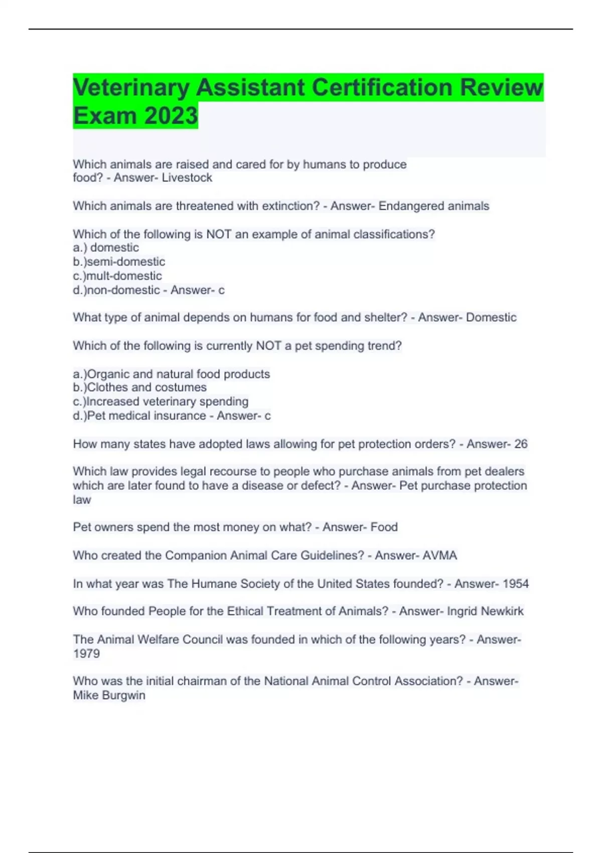 Veterinary Assistant Certification Review Exam 2023 Veterinary