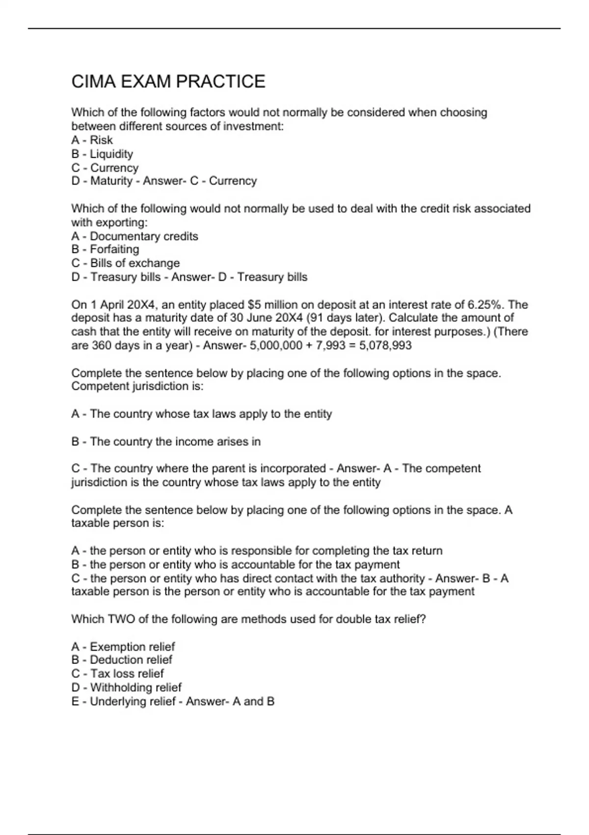 Example Cima Questions CIMA Exam Practice - CIMA - Stuvia US