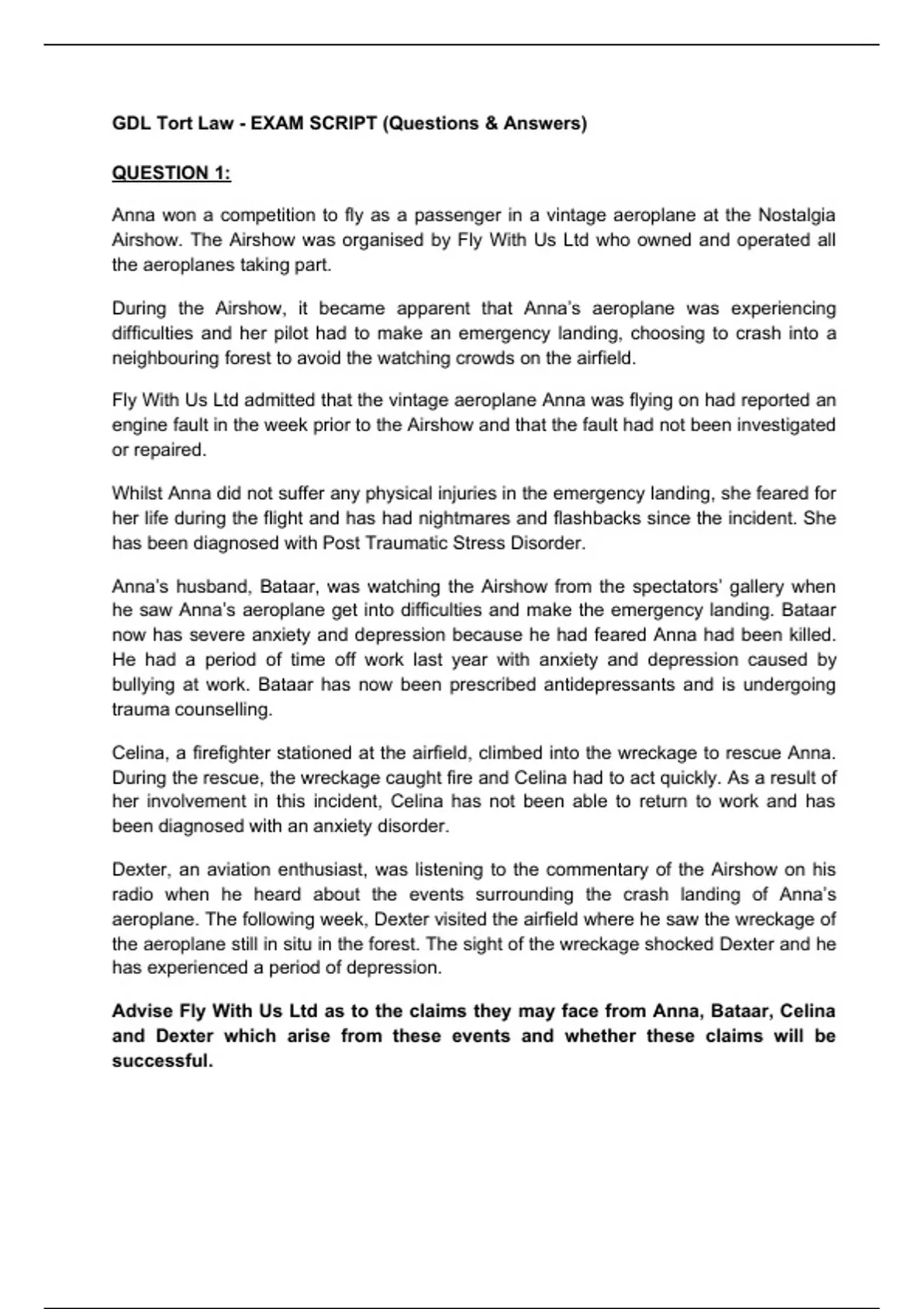 Tort Law GDL EXAM SCRIPT (75, DISTINCTION) GDL Stuvia UK