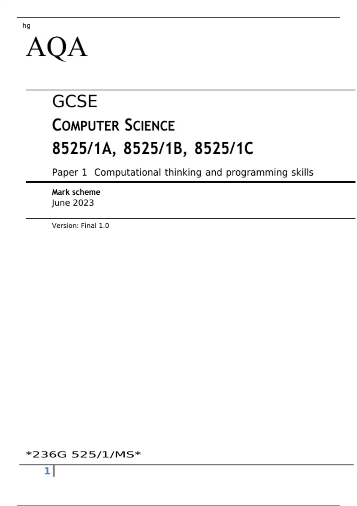 AQA GCSE COMPUTER SCIENCE Paper 1 Computational thinking and