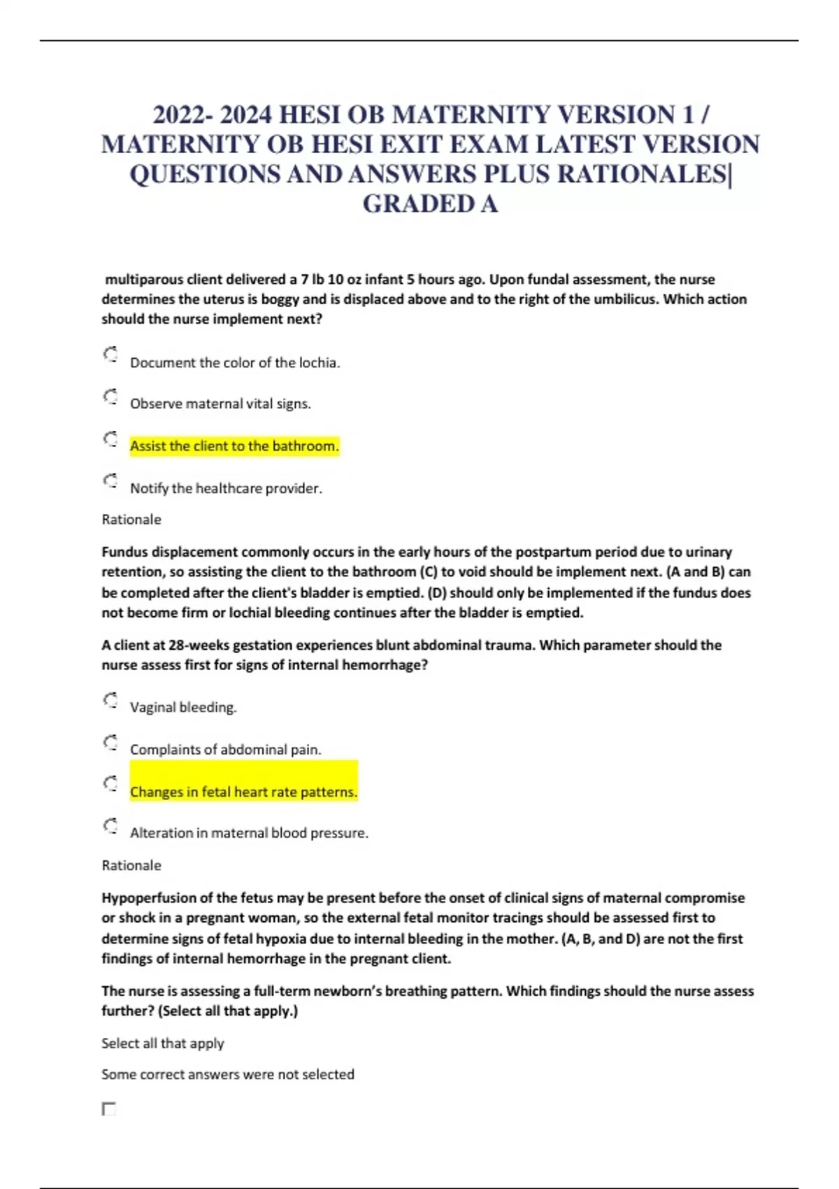 HESI OB MATERNITY VERSION 1 / MATERNITY OB HESI EXIT EXAM LATEST ...