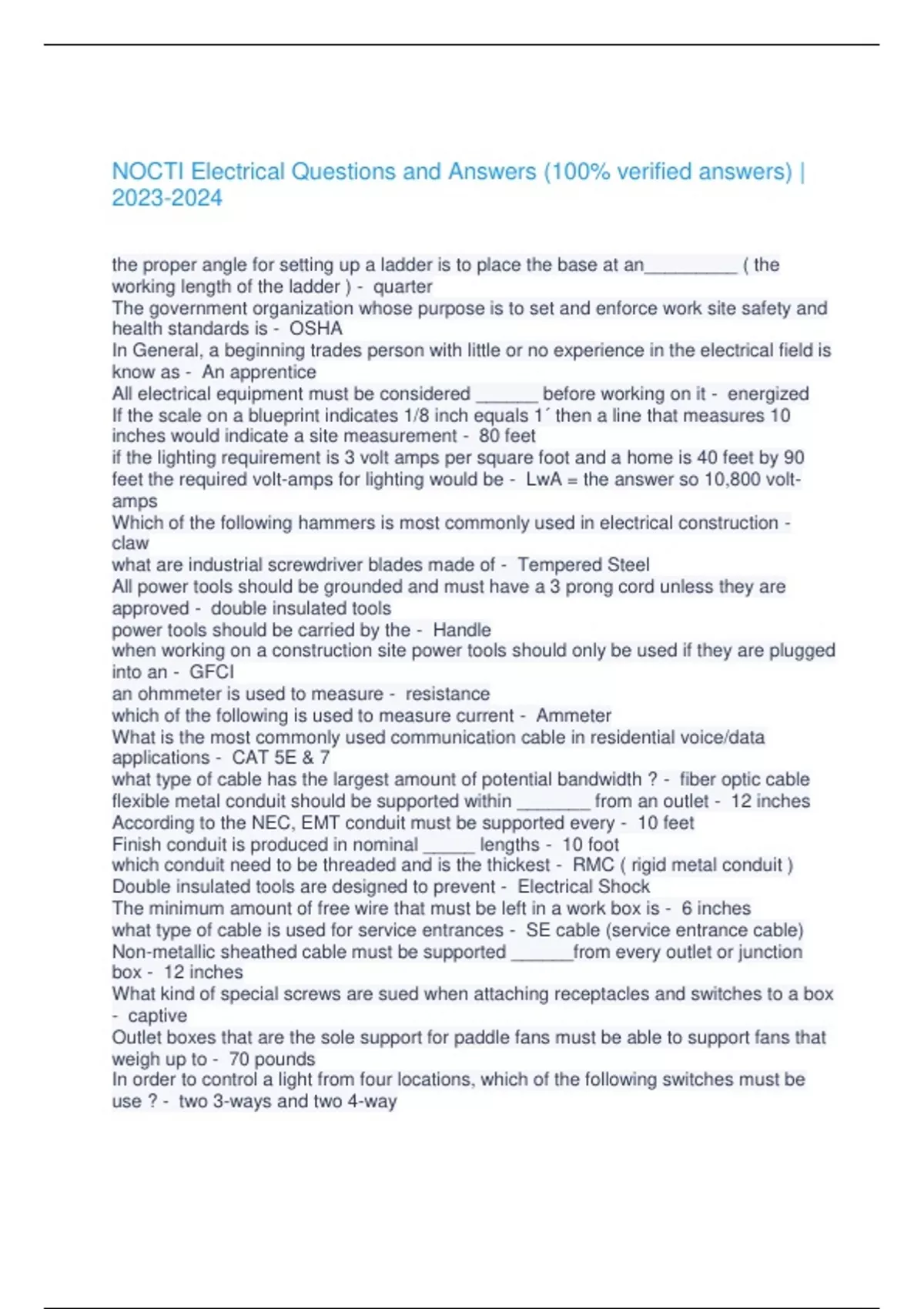 NOCTI Electrical Questions and Answers (100 verified answers