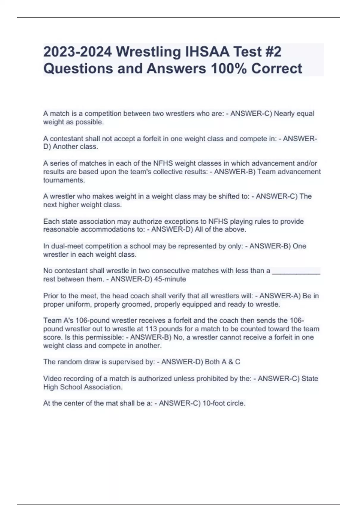 Wrestling IHSAA Test 2 Questions and Answers 100 Correct Wrestling