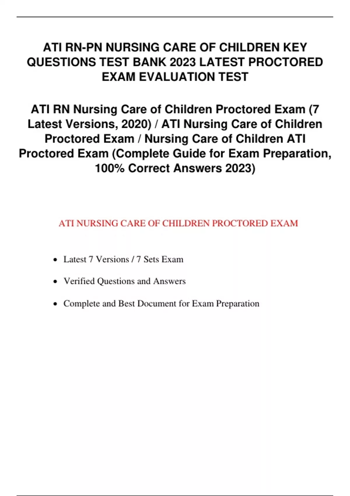 ATI RN-PN NURSING CARE OF CHILDREN KEY QUESTIONS TEST BANK 2023 LATEST PROCTORED EXAM EVALUATION ...