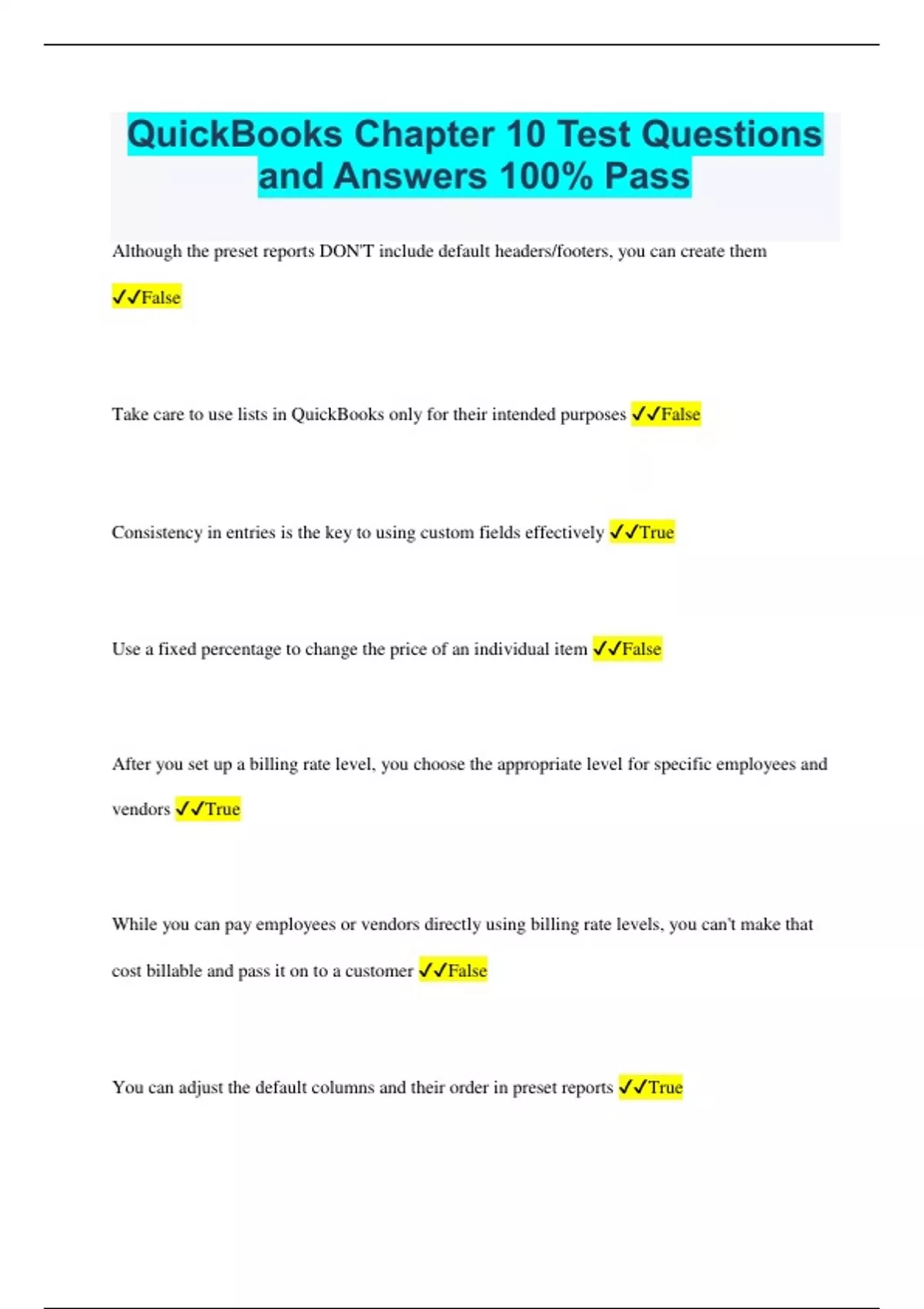 QuickBooks Chapter 10 Test Questions and Answers 100 Pass QuickBooks