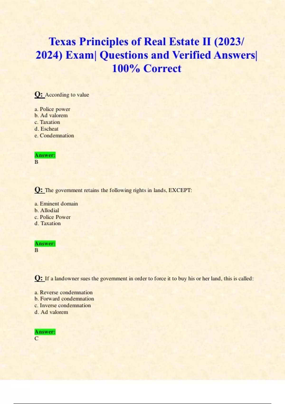 Texas Principles of Real Estate II (2023/ 2024) Exam Questions and