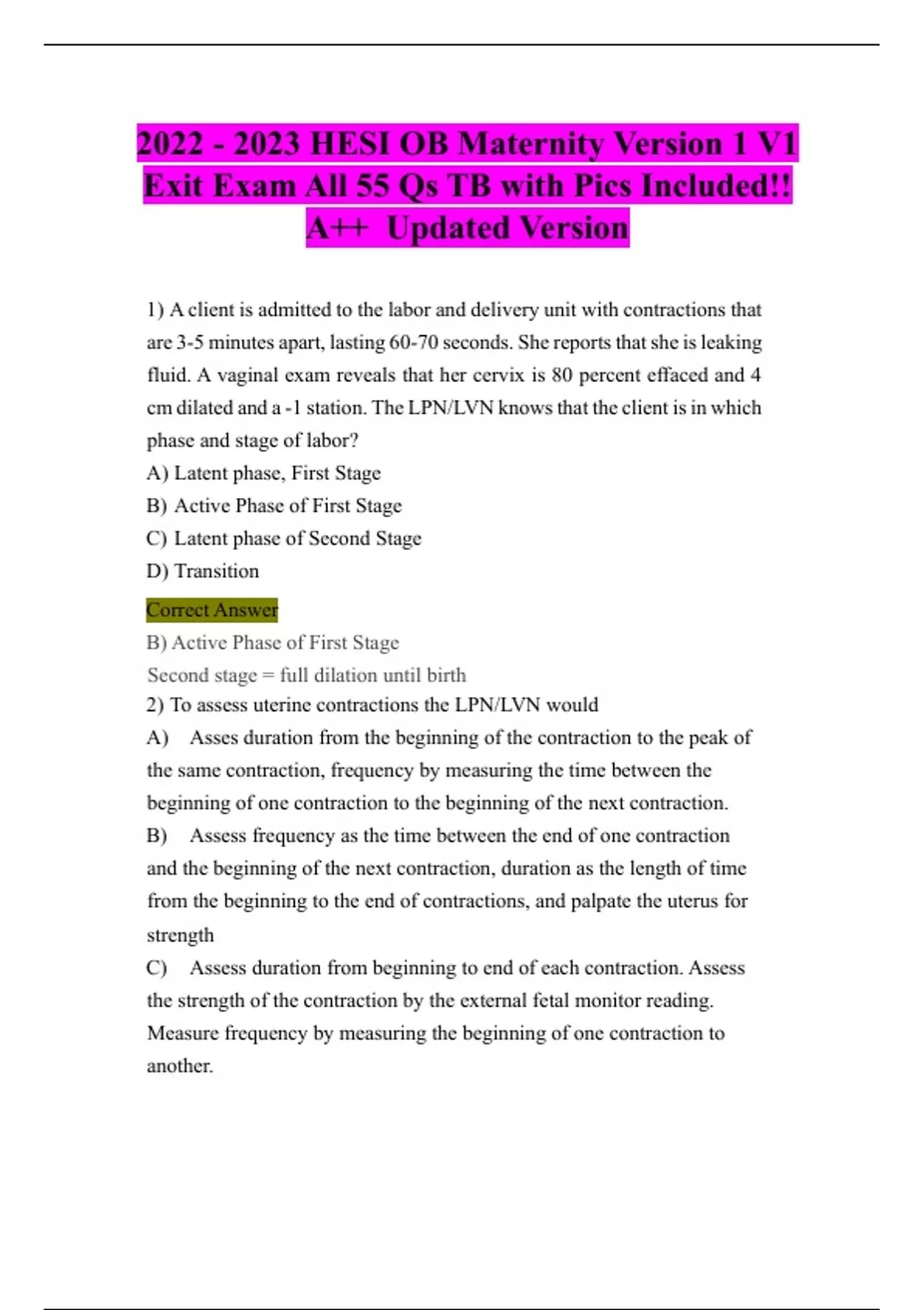 HESI OB Maternity Version 1 V1 Exit Exam All 55 Qs TB with Pics ...