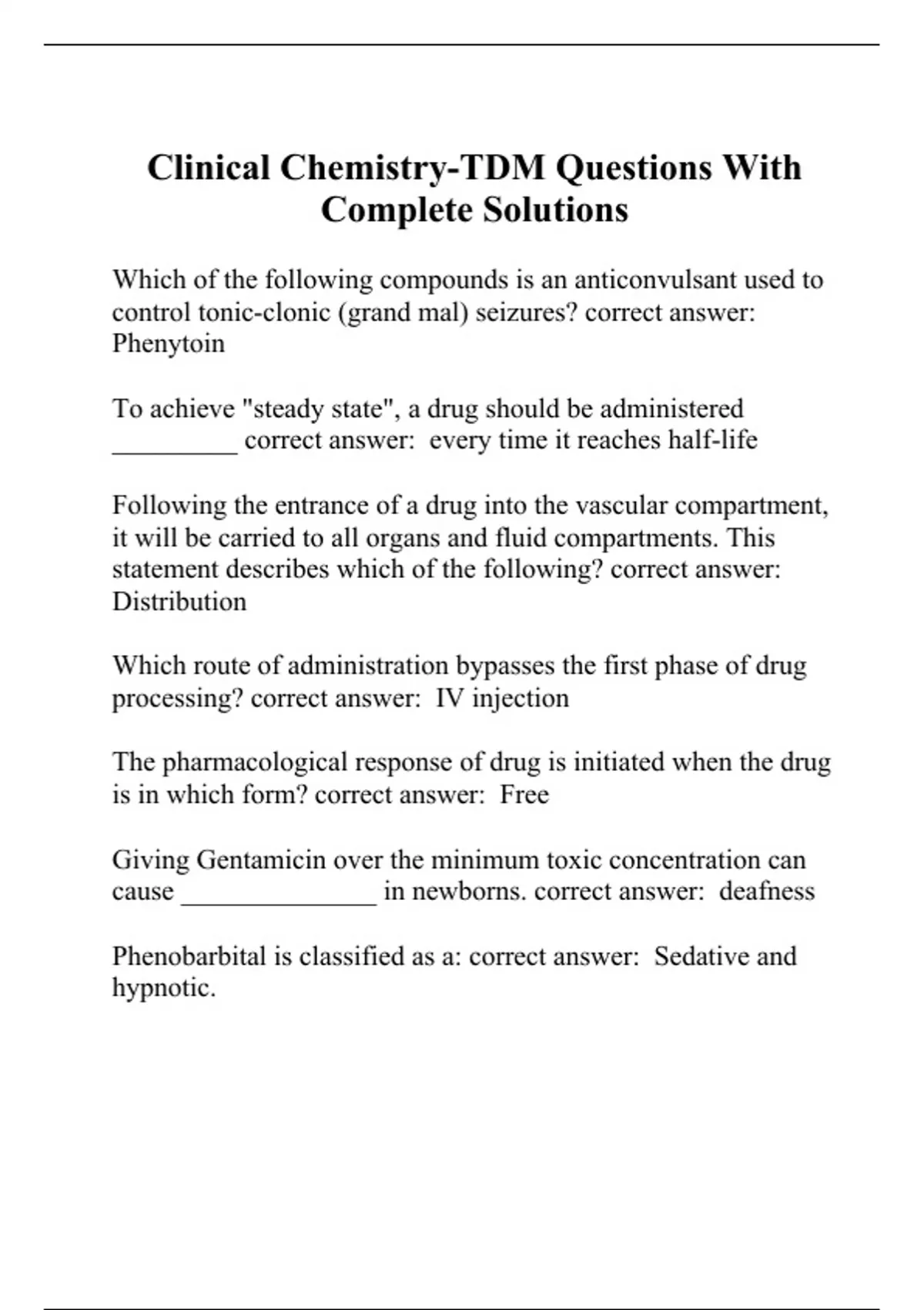 Clinical ChemistryTDM Questions With Complete Solutions Clinical