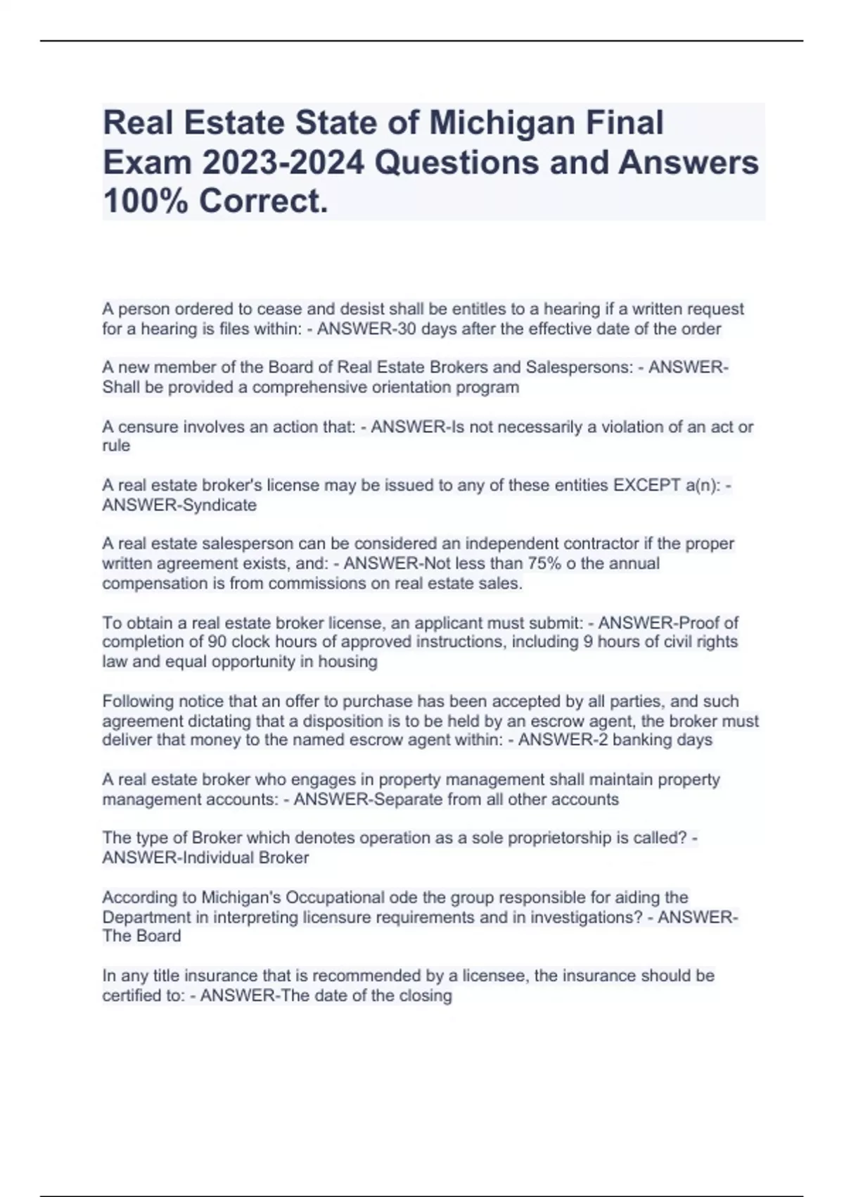 Real Estate State of Michigan Final Exam Questions and Answers 100% Correct. - Real Estate State ...