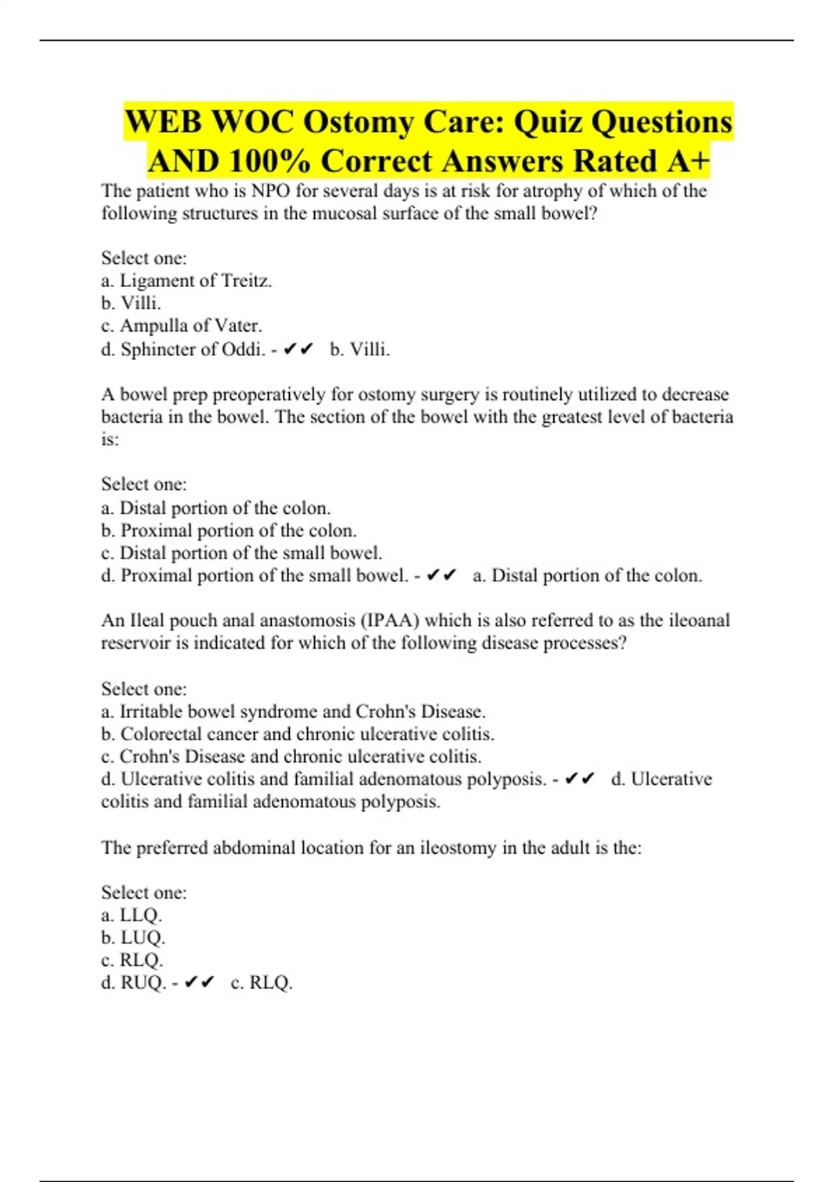 WEB WOC Ostomy Care Questions with 100 Correct Solutions Rated A Exam