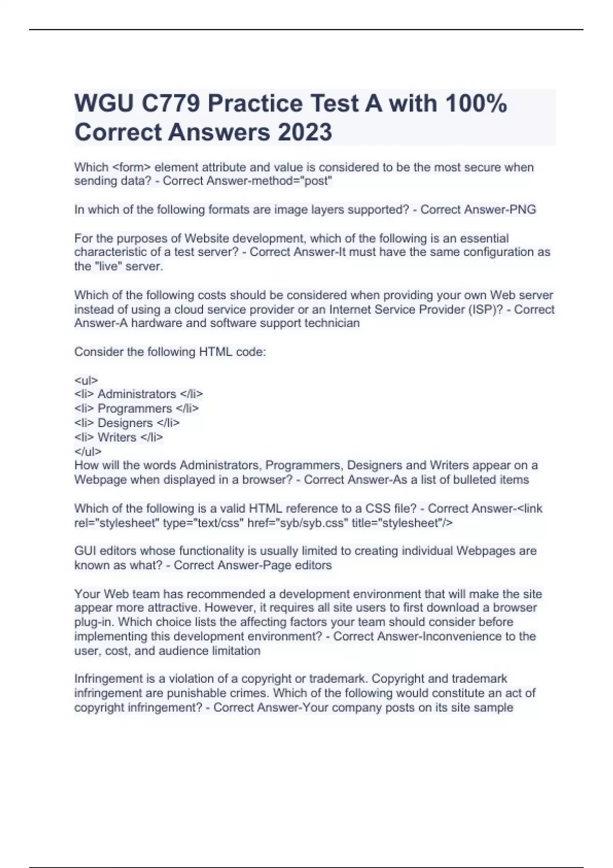 WGU C779 Practice Test A with 100% Correct Answers 2023 - WGU C779 ...