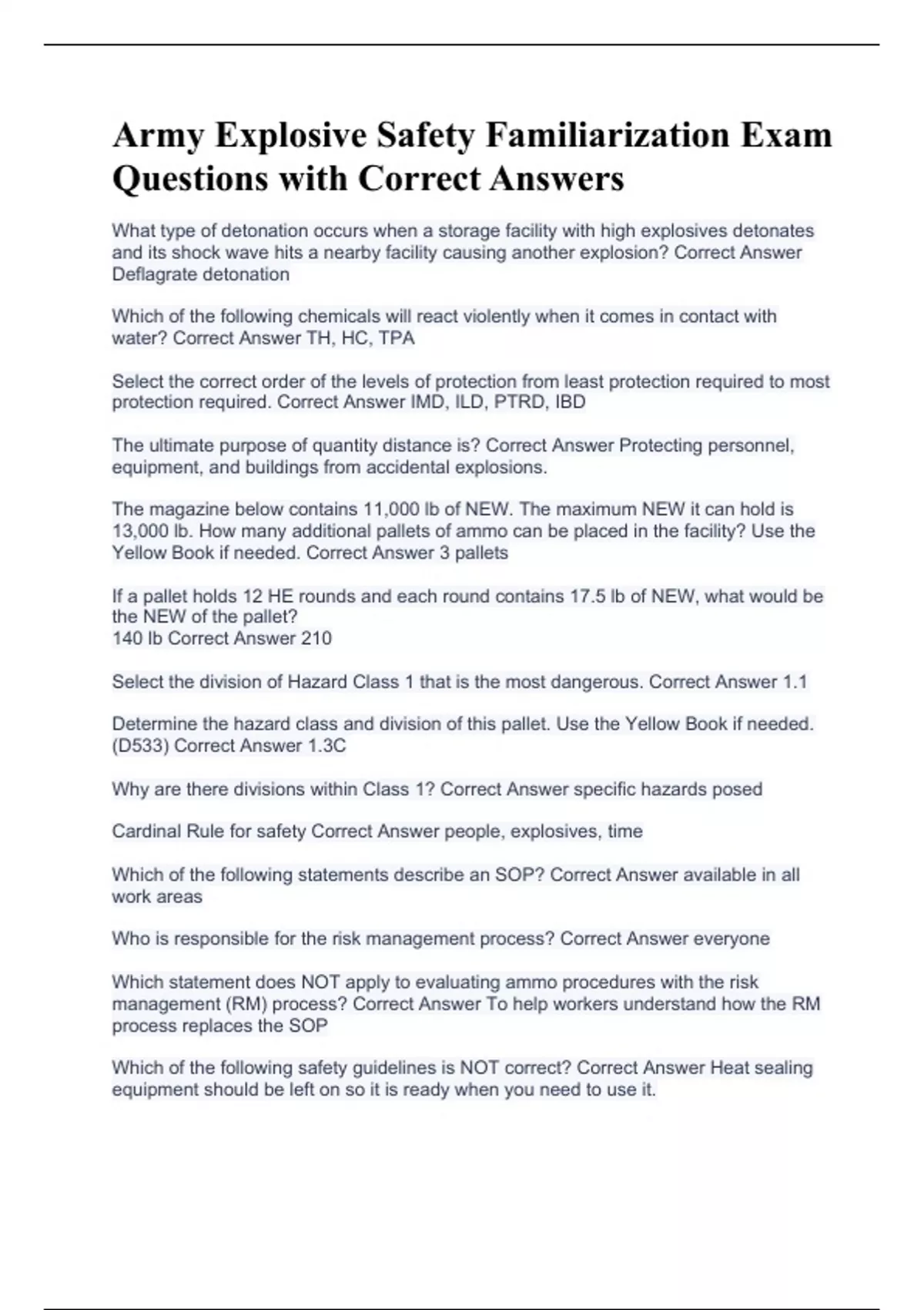 US Army Explosive Safety Familiarization Questions with Correct Answers Stuvia US