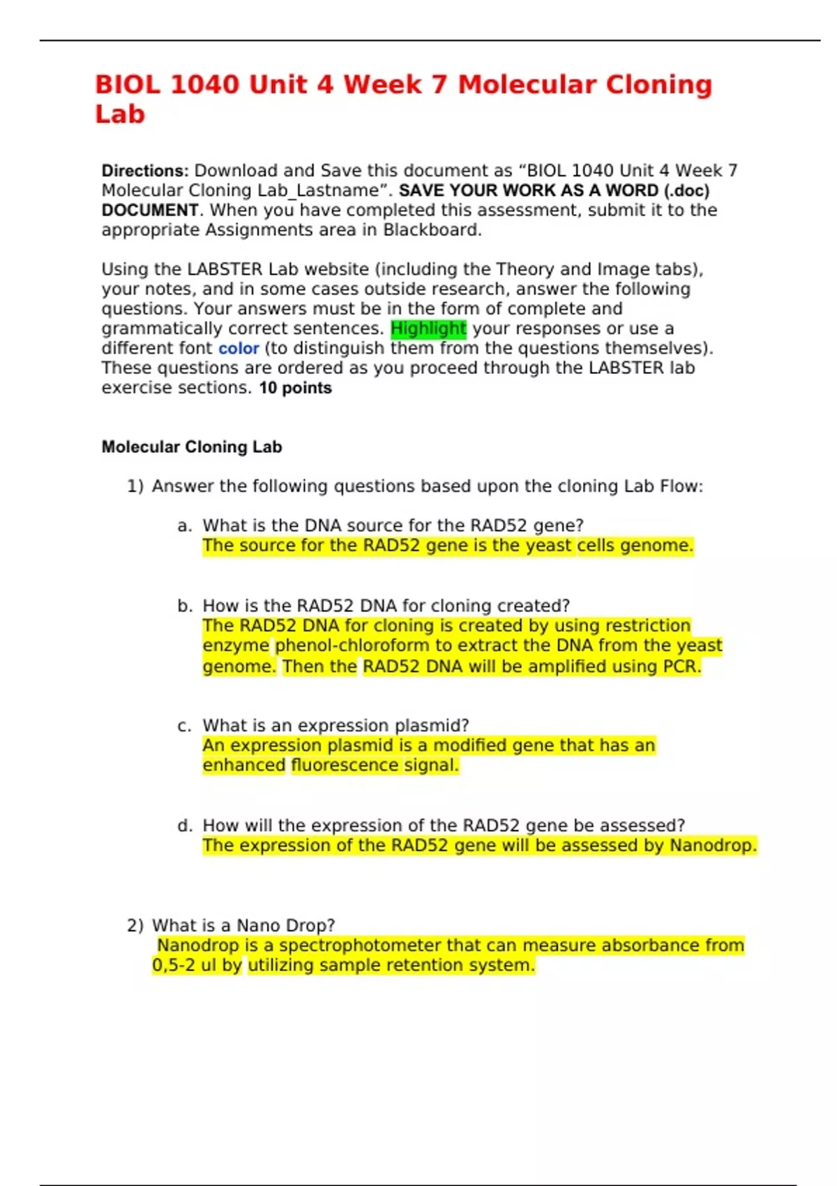 BIOL 1040 Unit 4 Week 7 Molecular Cloning Lab BIOL 1040ning Lab