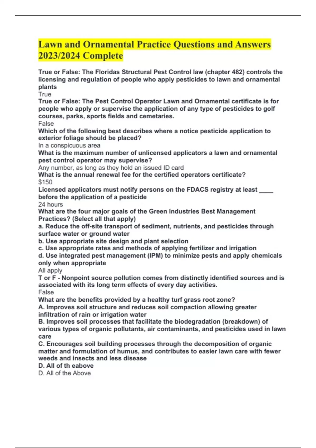 Lawn and Ornamental Practice Questions and Answers 2023/2024 Complete