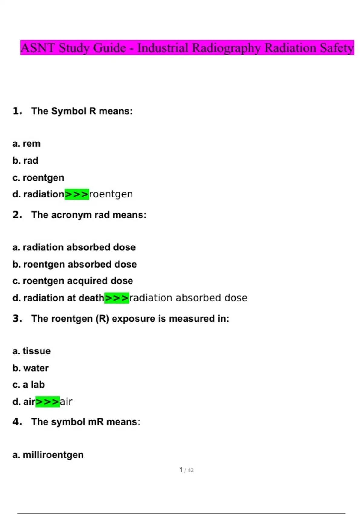 ASNT Study Guide Industrial Radiography Radiation Safety Questions