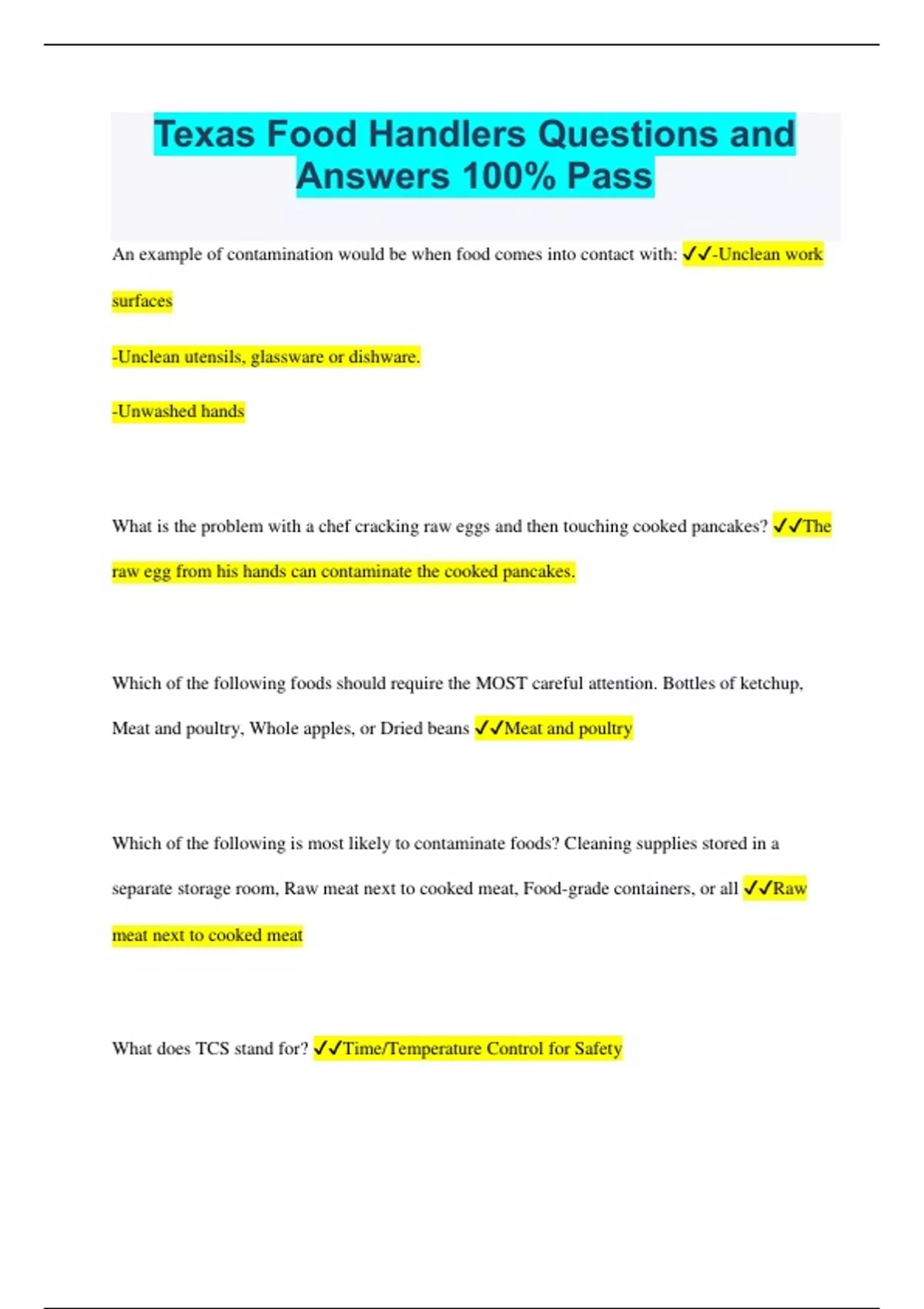 Texas Food Handlers Questions and Answers 100% Pass - Texas Food