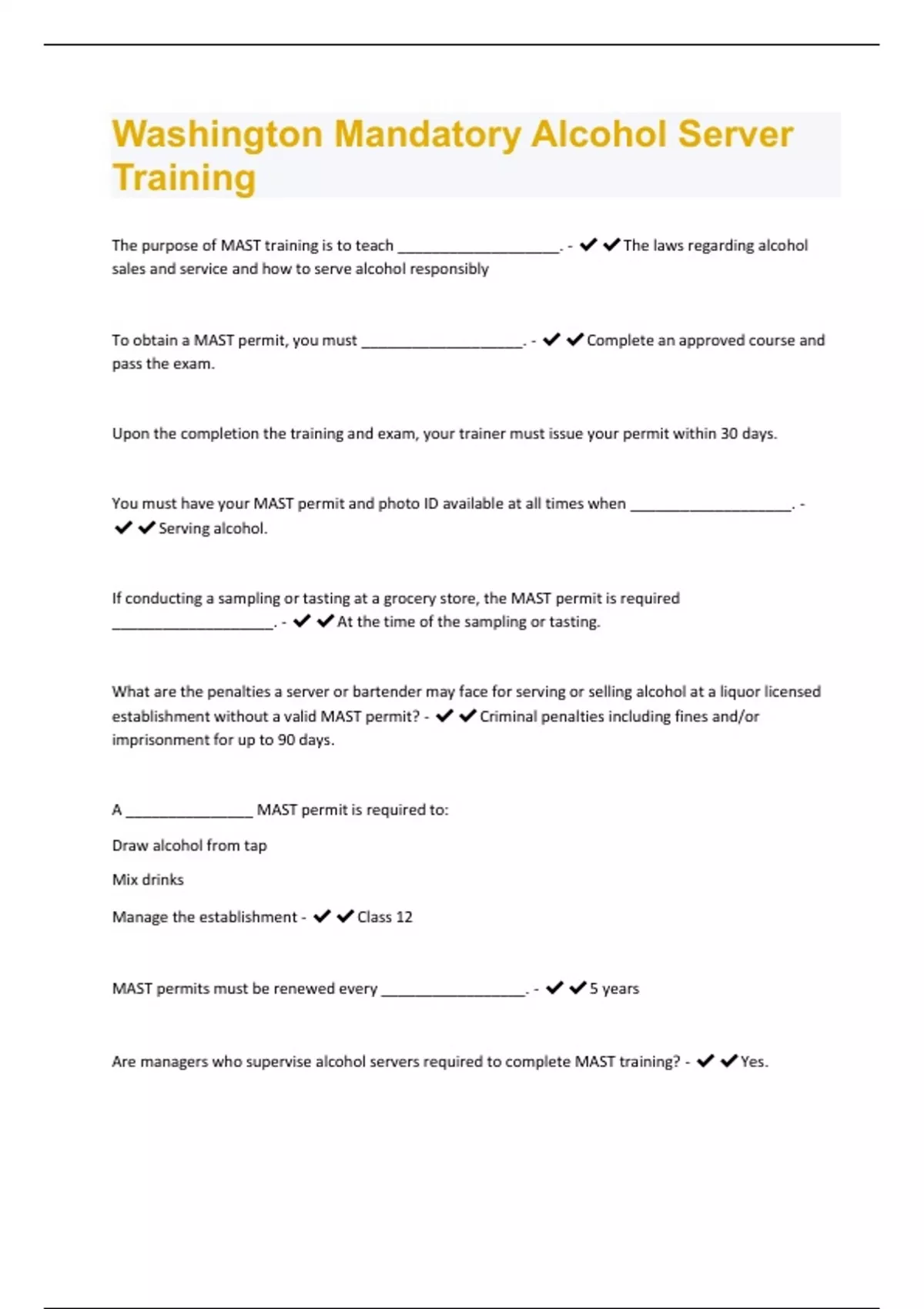 Washington Mandatory Alcohol Server Training 60 Questions and Answers