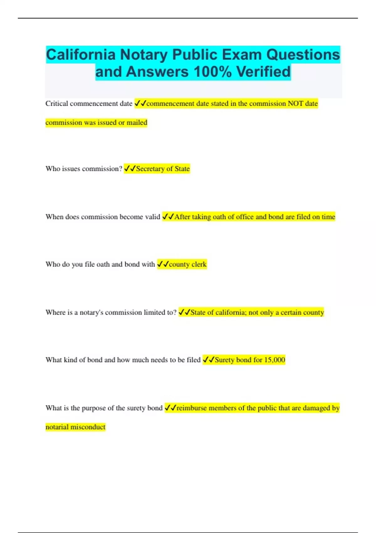 CALIFORNIA NOTARY EXAM BUNDLE WITH CORRECT AND VERIFIED ANSWERS LATEST