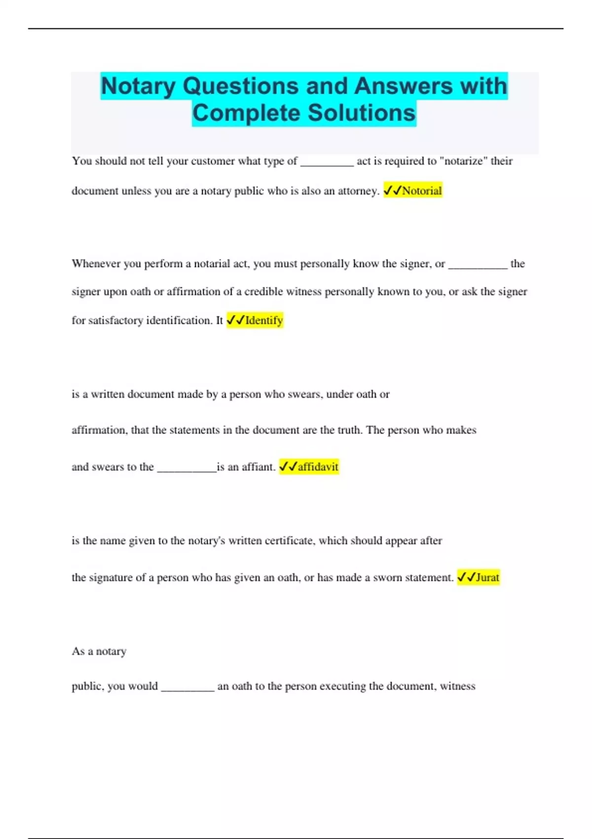 Notary Questions and Answers with Complete Solutions Notary Stuvia US