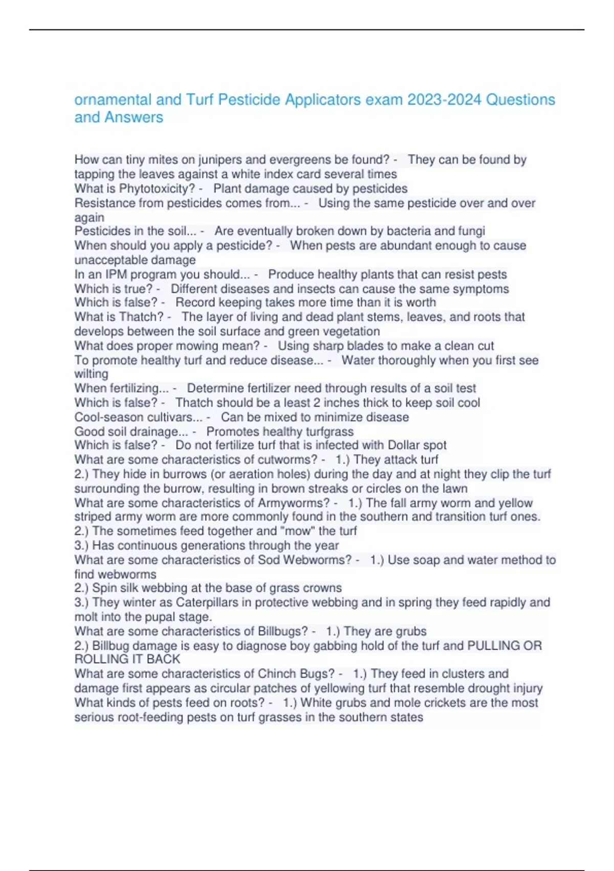 ornamental and Turf Pesticide Applicators exam Questions and Answers