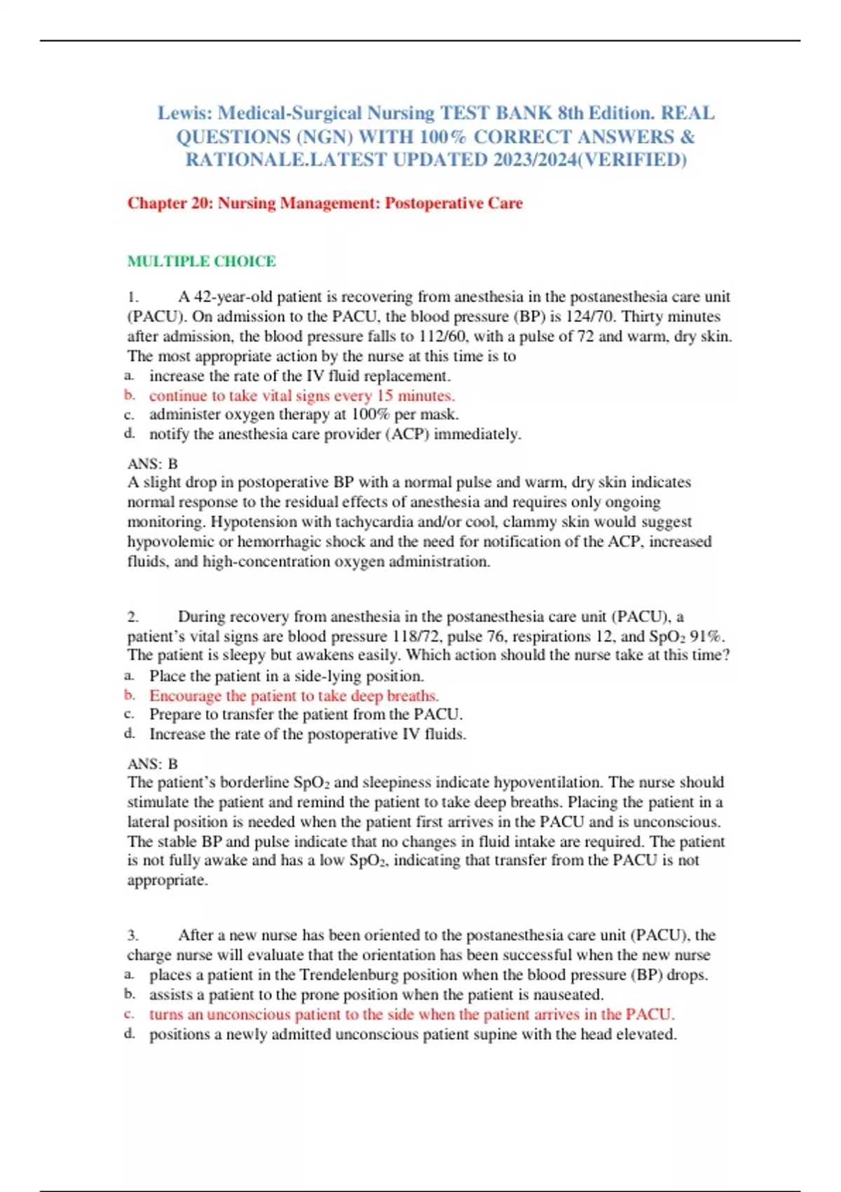 Lewis: Medical-Surgical Nursing TEST BANK 8th Edition. REAL QUESTIONS (NGN) WITH 100% CORRECT ...