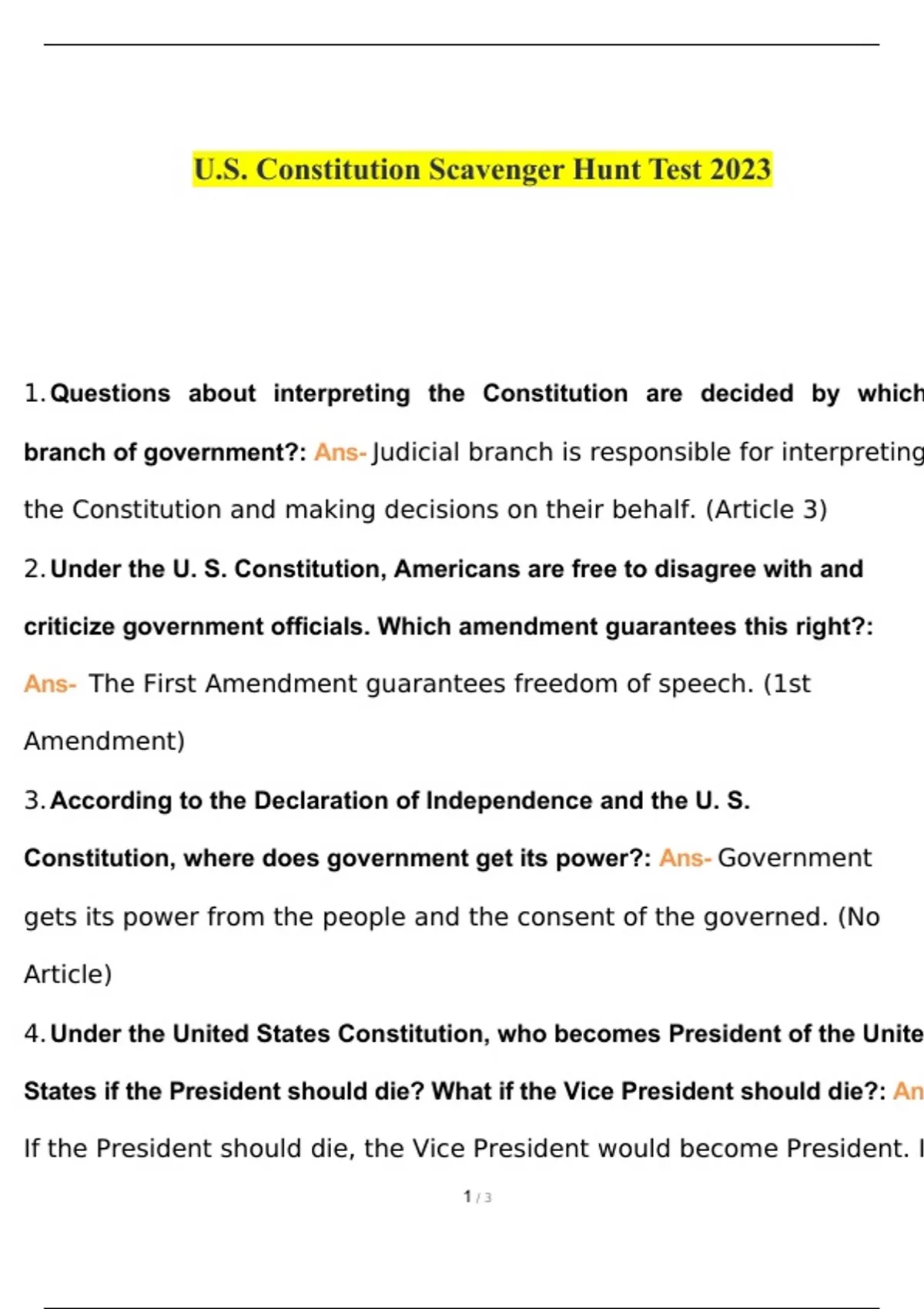 U.S. Constitution Scavenger Hunt Test 2023 Questions and Answers