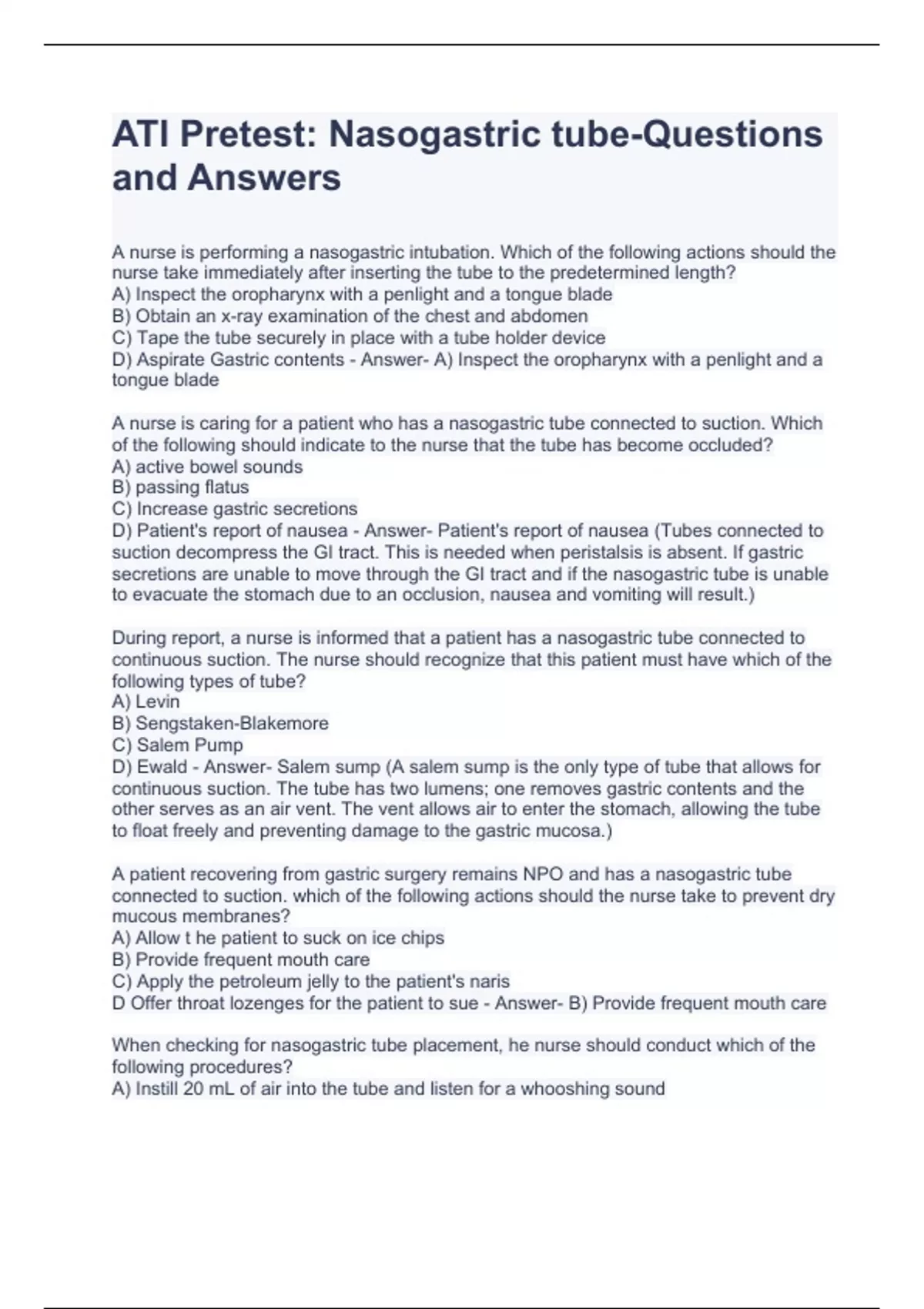 ATI Pretest Nasogastric tubeQuestions and Answers ATI Pretest