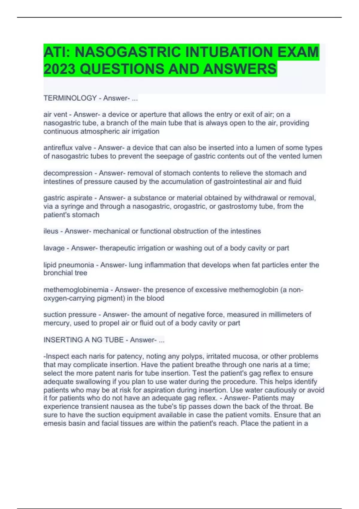 ATI NASOGASTRIC INTUBATION EXAM 2023 QUESTIONS AND ANSWERS ATI