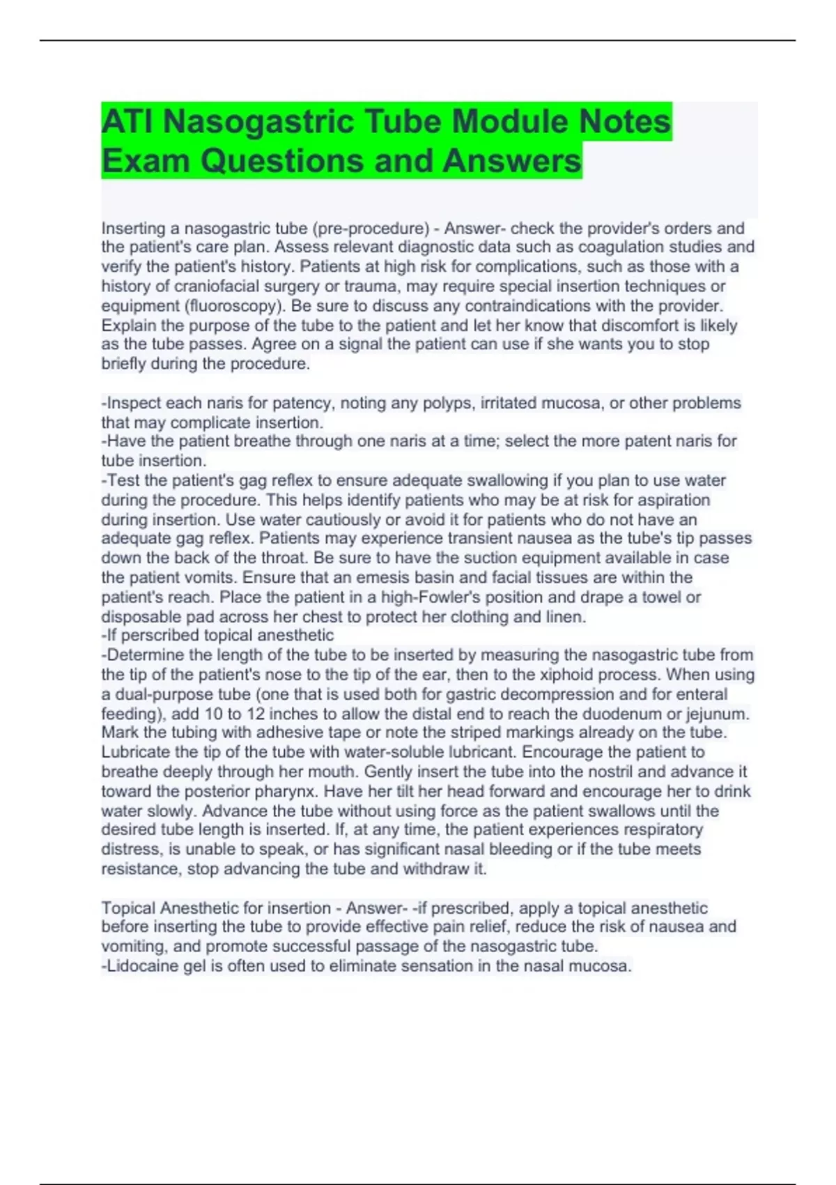 ATI Nasogastric Tube Module Notes Exam Questions and Answers ATI