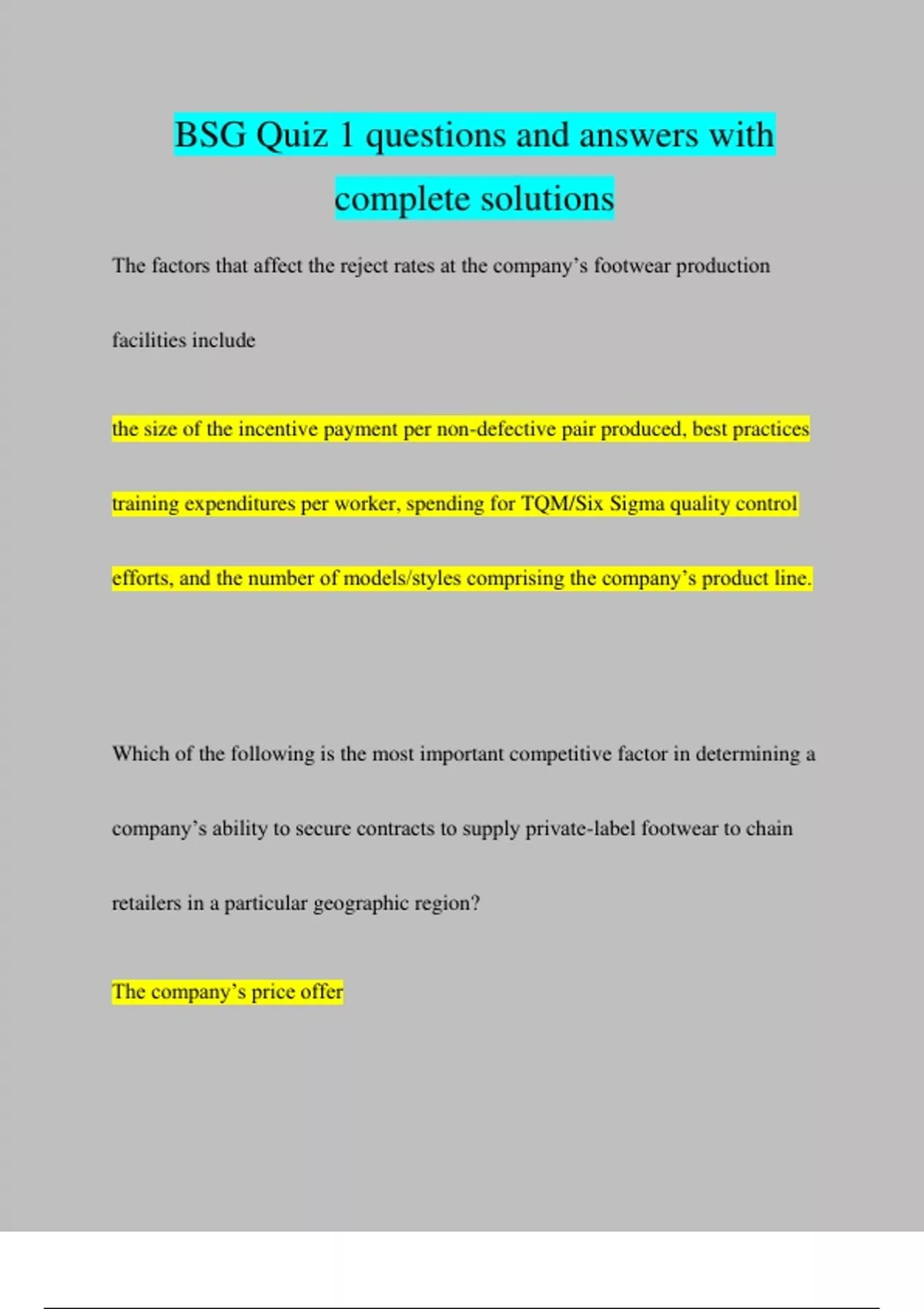 BSG Quiz 1 Questions And Answers With Complete Solutions BSG Stuvia US