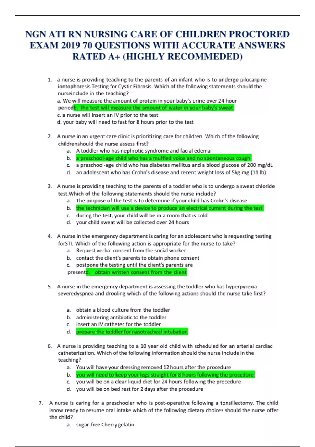 NGN ATI RN NURSING CARE OF CHILDREN PROCTORED EXAM 2019 70+ QUESTIONS ...