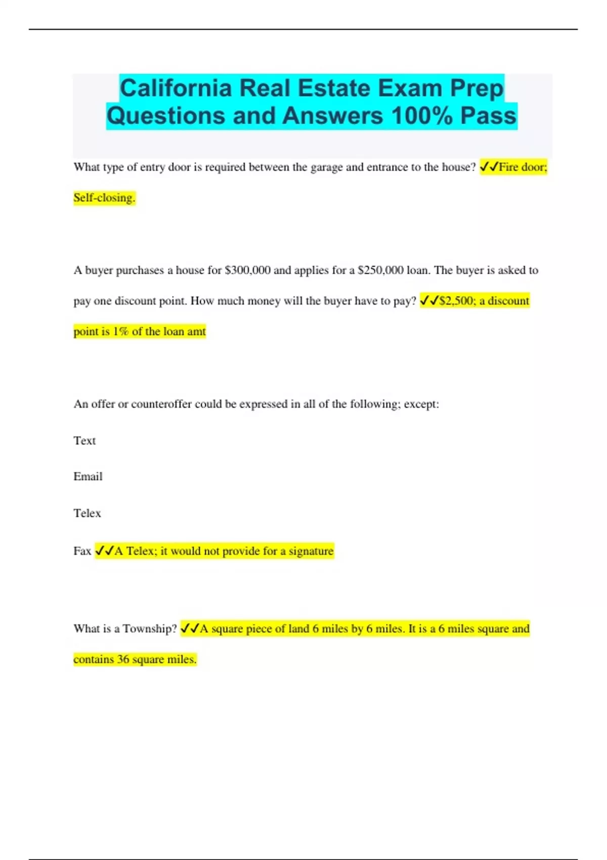 CALIFORNIA REAL ESTATE EXAM PACKAGE BUNDLE WITH COMPLETE SOLUTIONS RATED A 20232024 LATEST