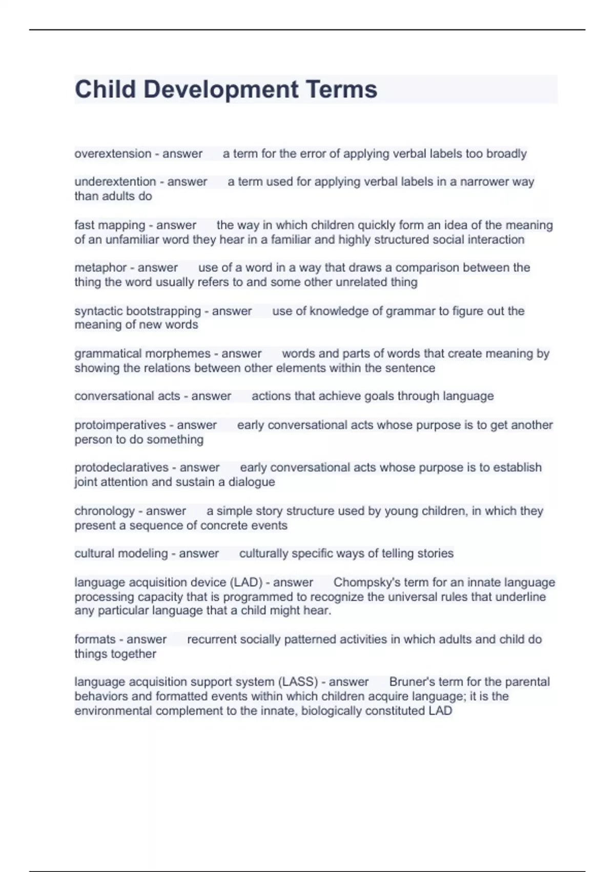 Child Development Terms Questions with complete top solutions Child