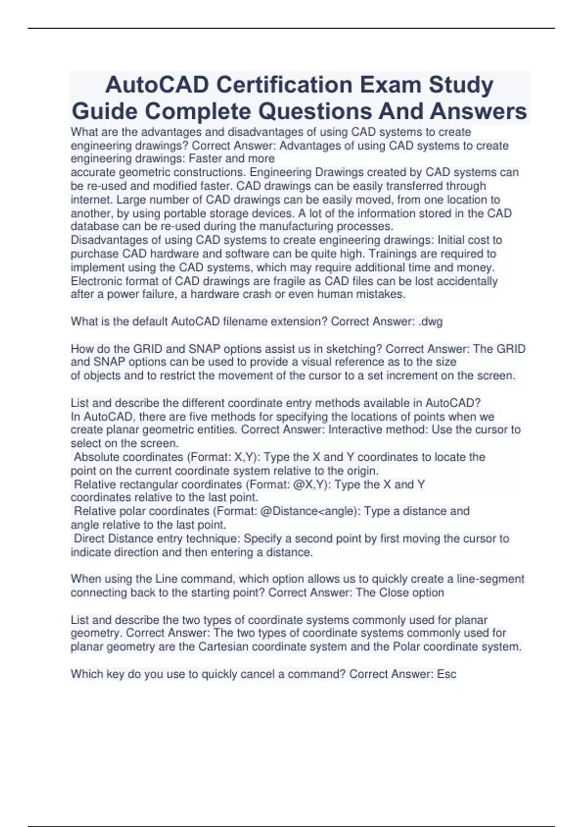 AutoCAD Certification Exam Study Guide Complete Questions And Answers ...