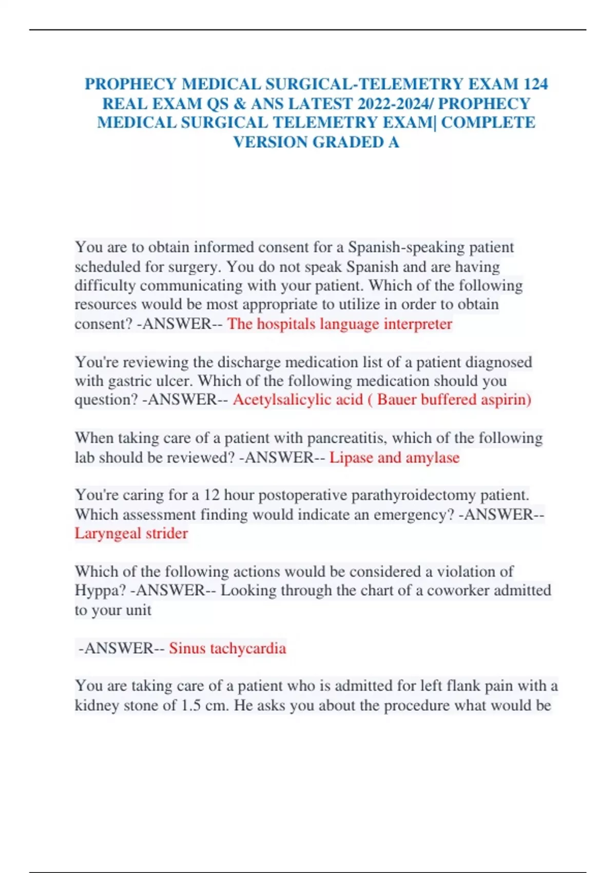 PROPHECY MEDICAL SURGICAL-TELEMETRY EXAM 124 REAL EXAM QS & ANS LATEST ...