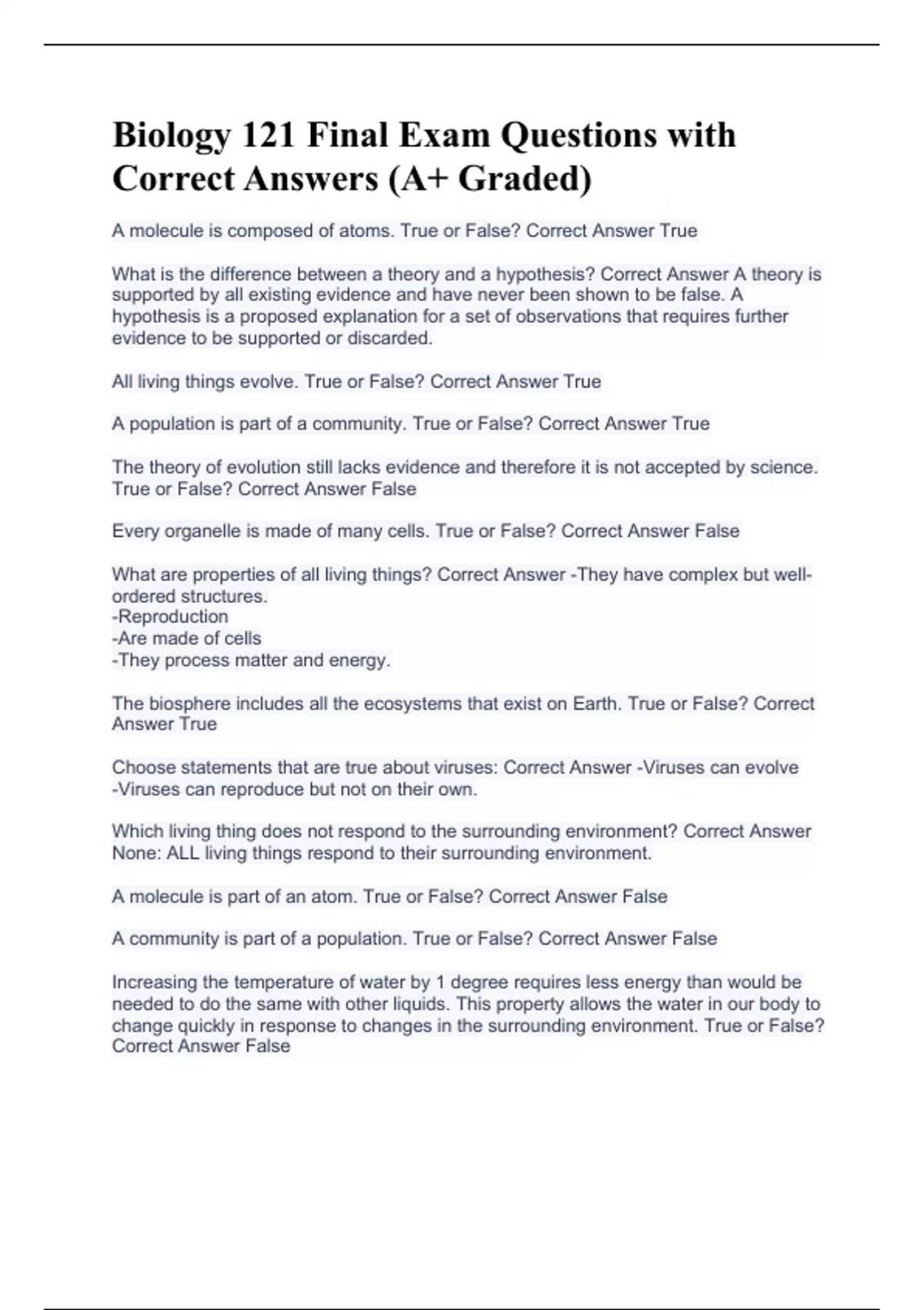 Biology 121 Final Exam Questions with Correct Answers (A+ Graded ...