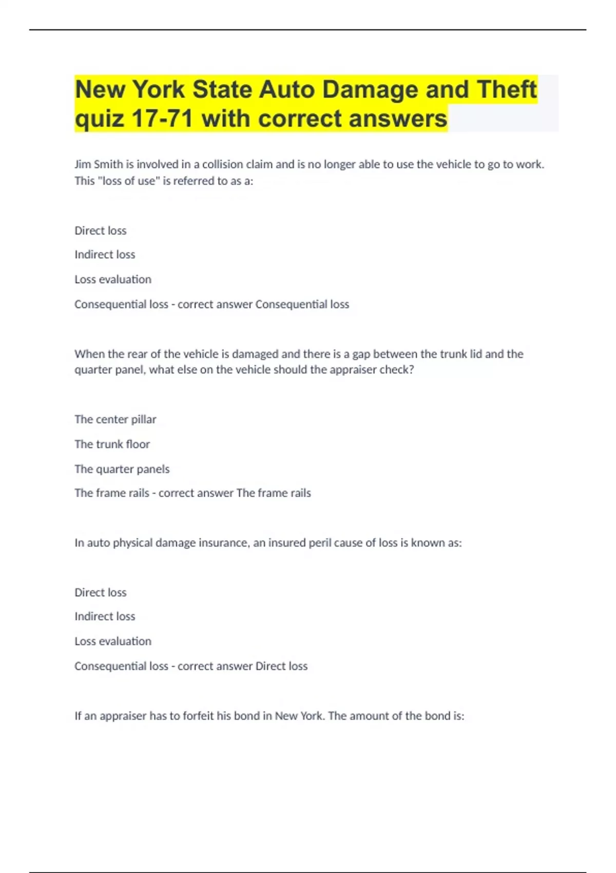 New York State Auto Damage and Theft quiz 1771 with correct answers