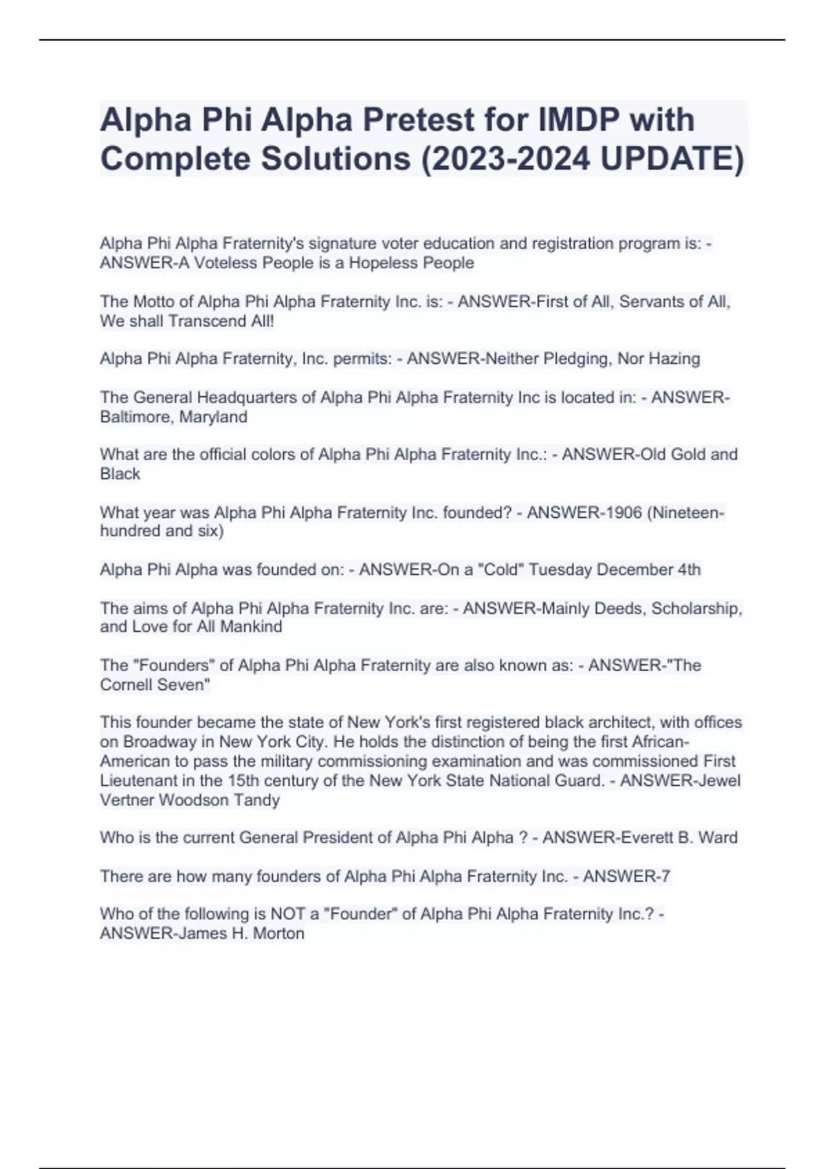 Alpha Phi Alpha Pretest for IMDP with Complete Solutions ( UPDATE