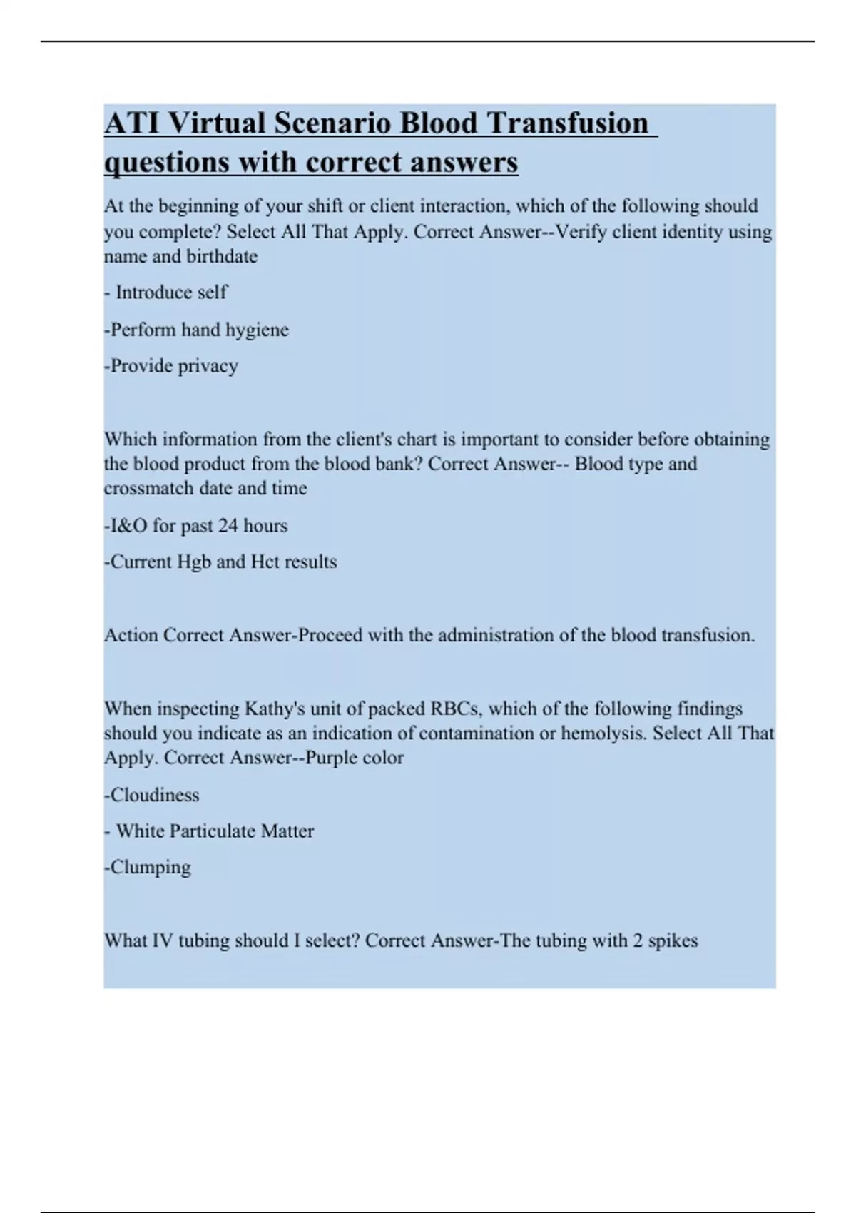 ATI Virtual Scenario Blood Transfusion questions with correct answers