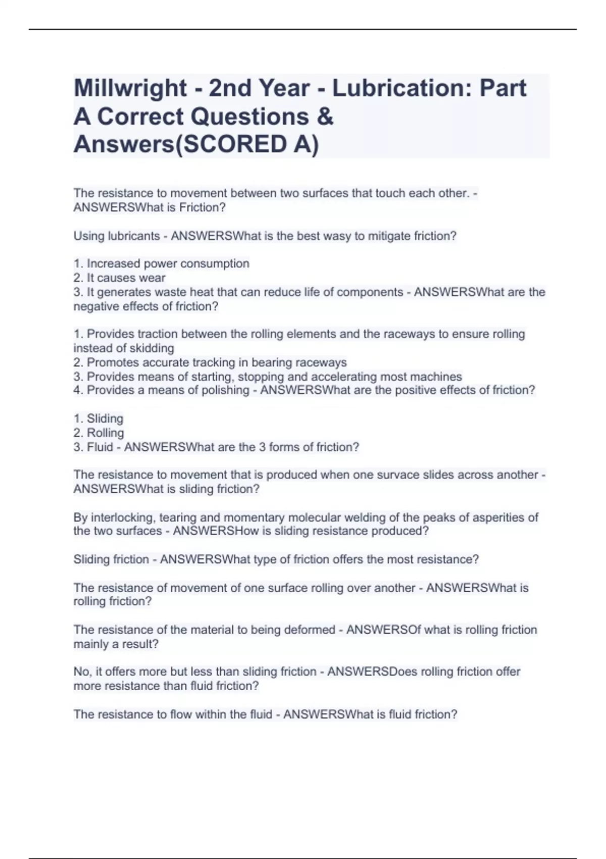 Millwright 2nd Year Lubrication Part A Correct Questions & Answers