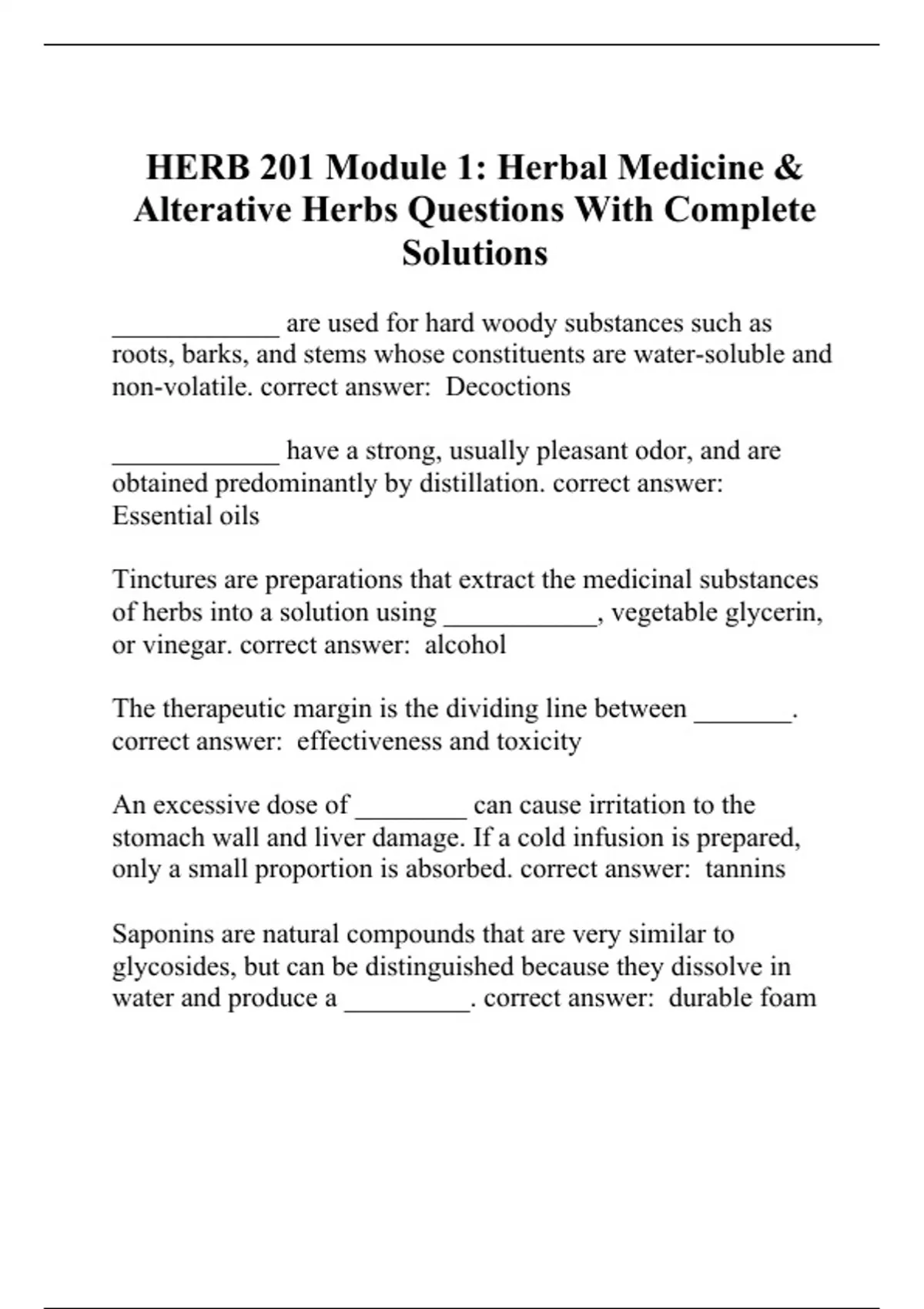 HERB 201 Module 1 Herbal Medicine & Alterative Herbs Questions With