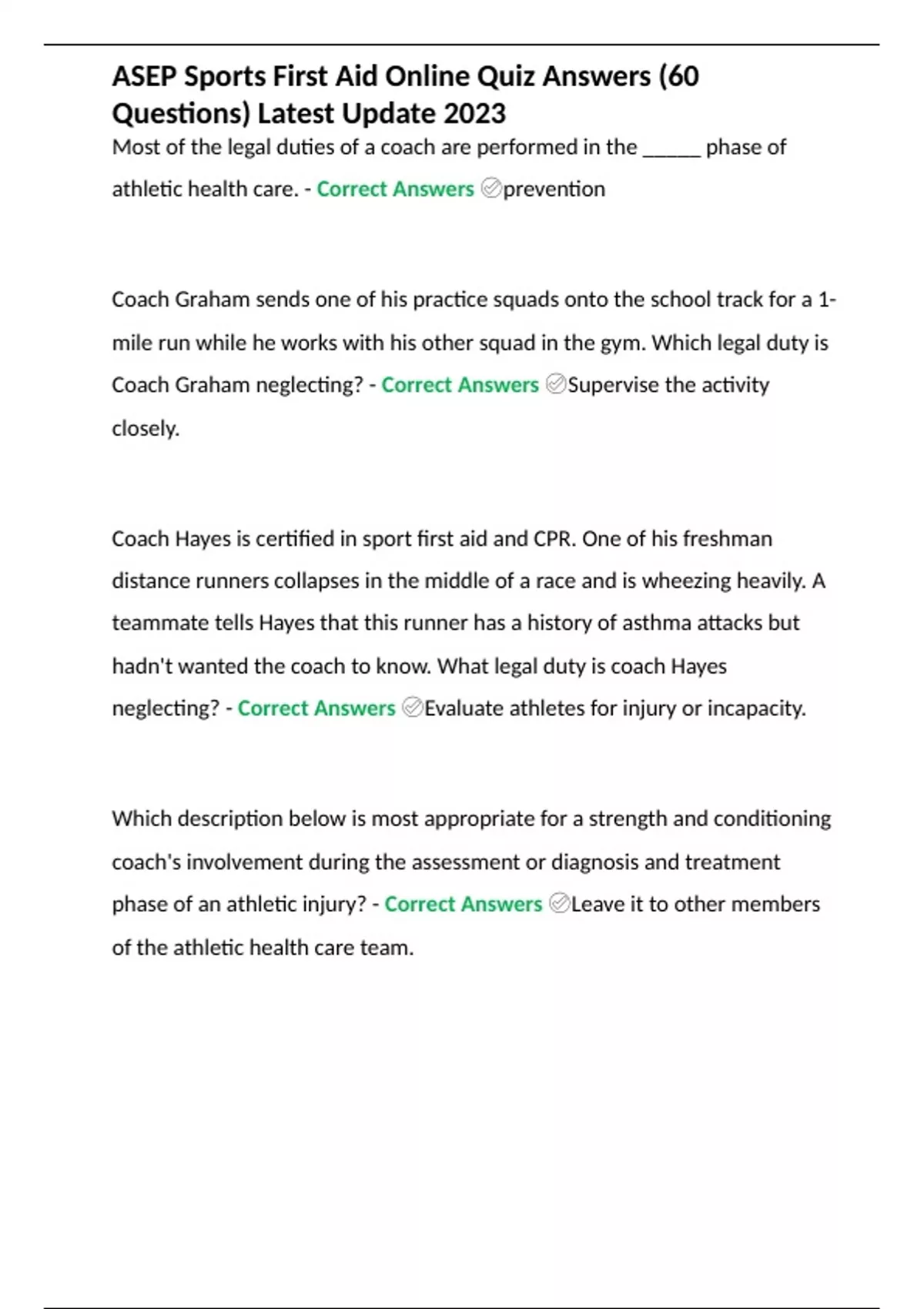ASEP Sports First Aid Online Quiz Answers (60 Questions) Latest Update