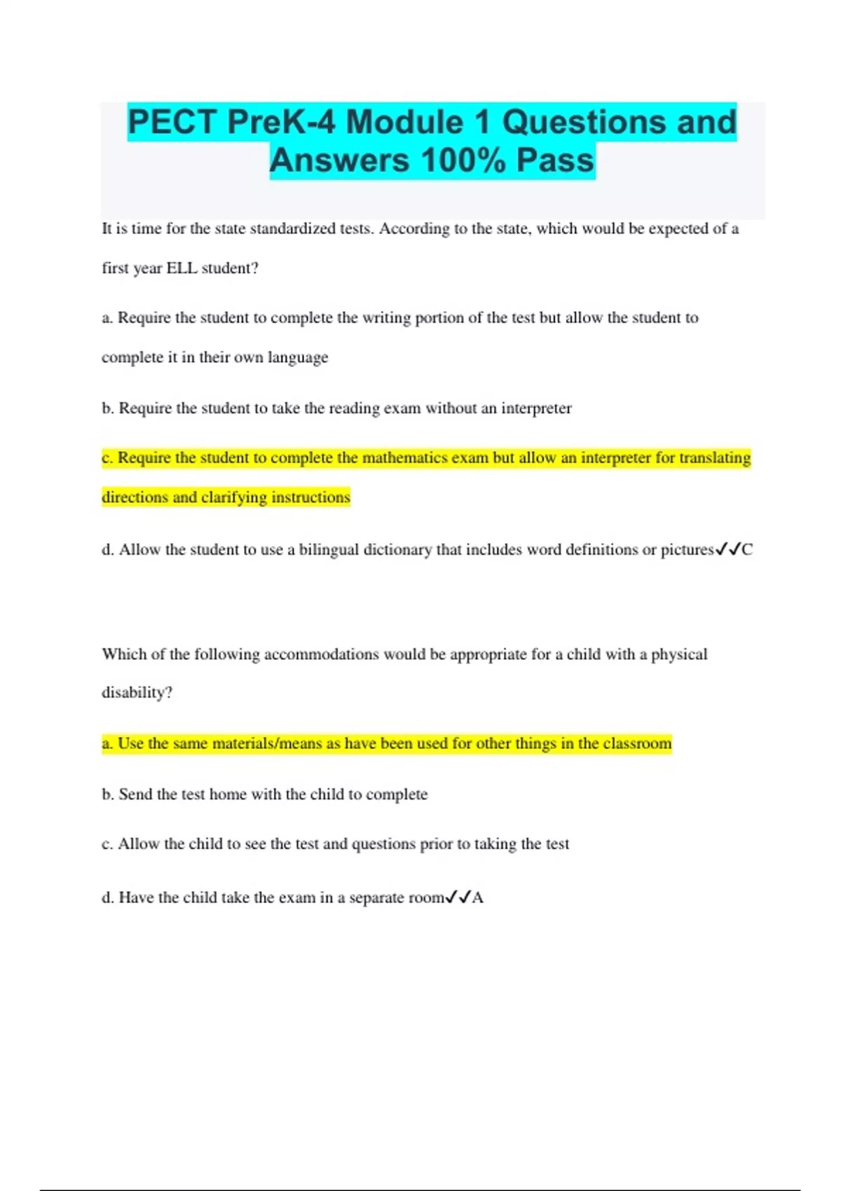 PECT PreK-4 Module 1 Questions and Answers 100% Pass - PECT PreK-4 ...