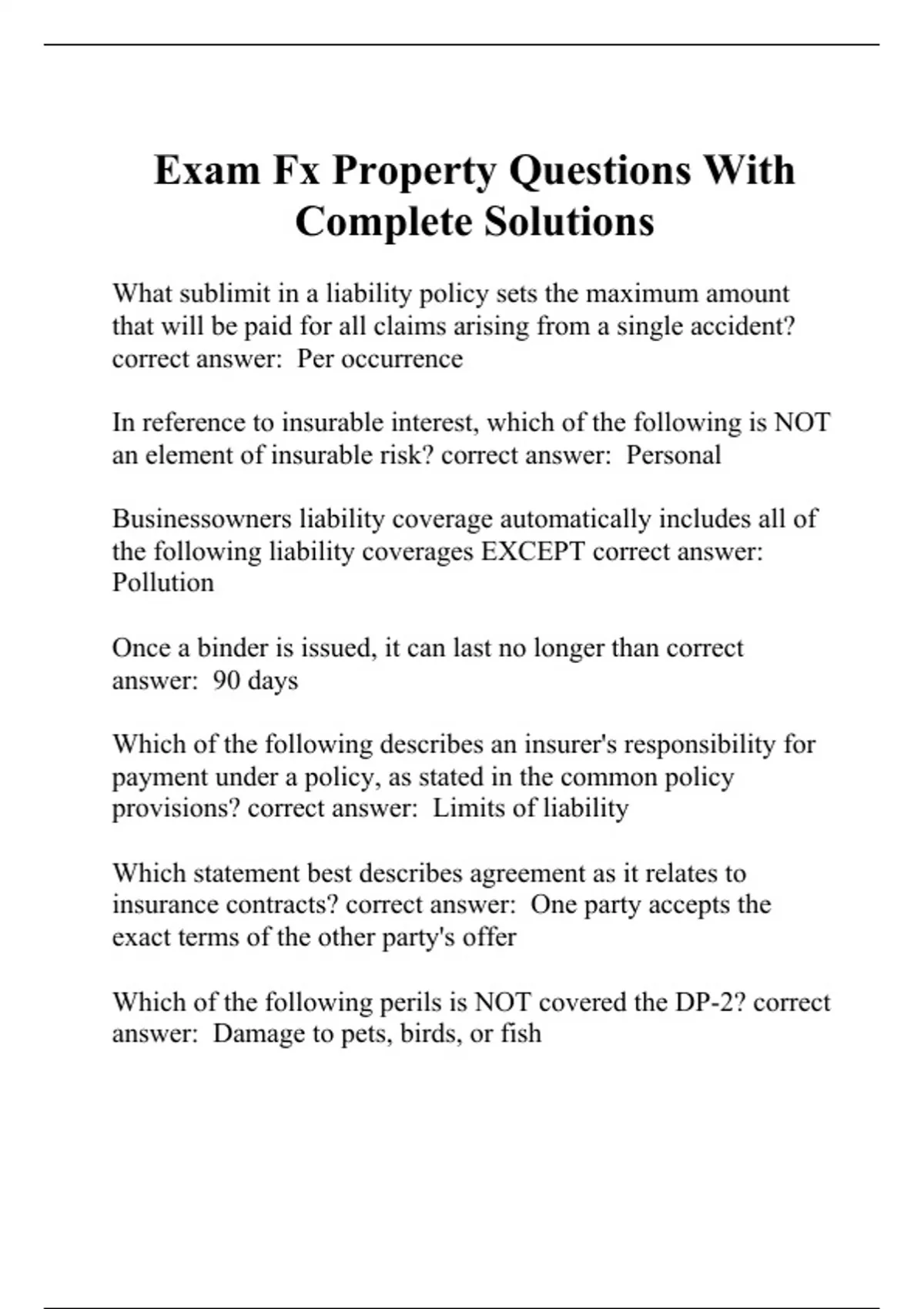 Exam Fx Property Questions With Complete Solutions Fx life insurance